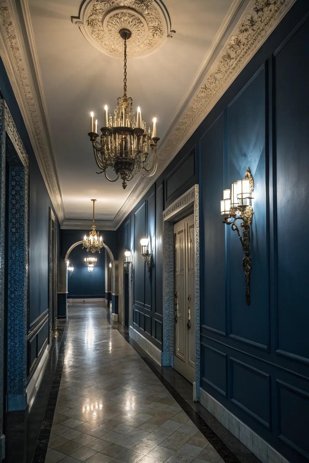 Strategic lighting amplifies the profundity and warmth of deep azure walls.