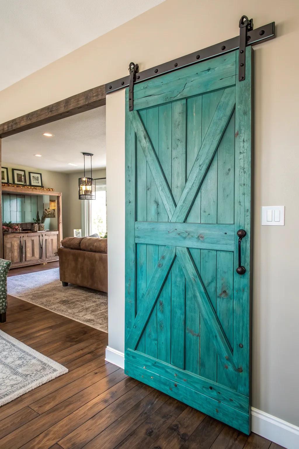 Transform your area using a breathtaking teal barn door that unifies bold hue with exquisite artistry.