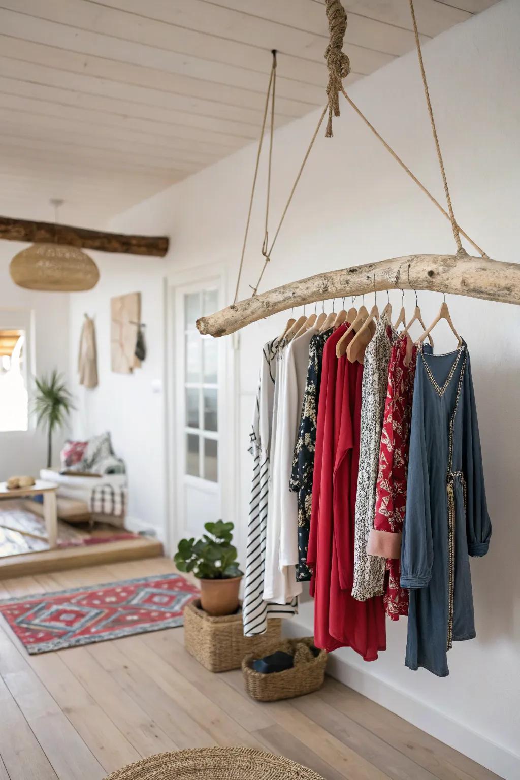 Embrace bohemian elegance with a handcrafted submerged timber garment stand—where the outdoors meets vogue.