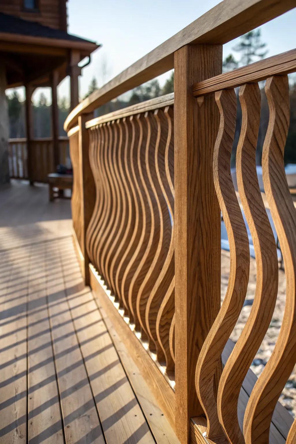 Elevate your deck with the beauty of curved wooden railings.