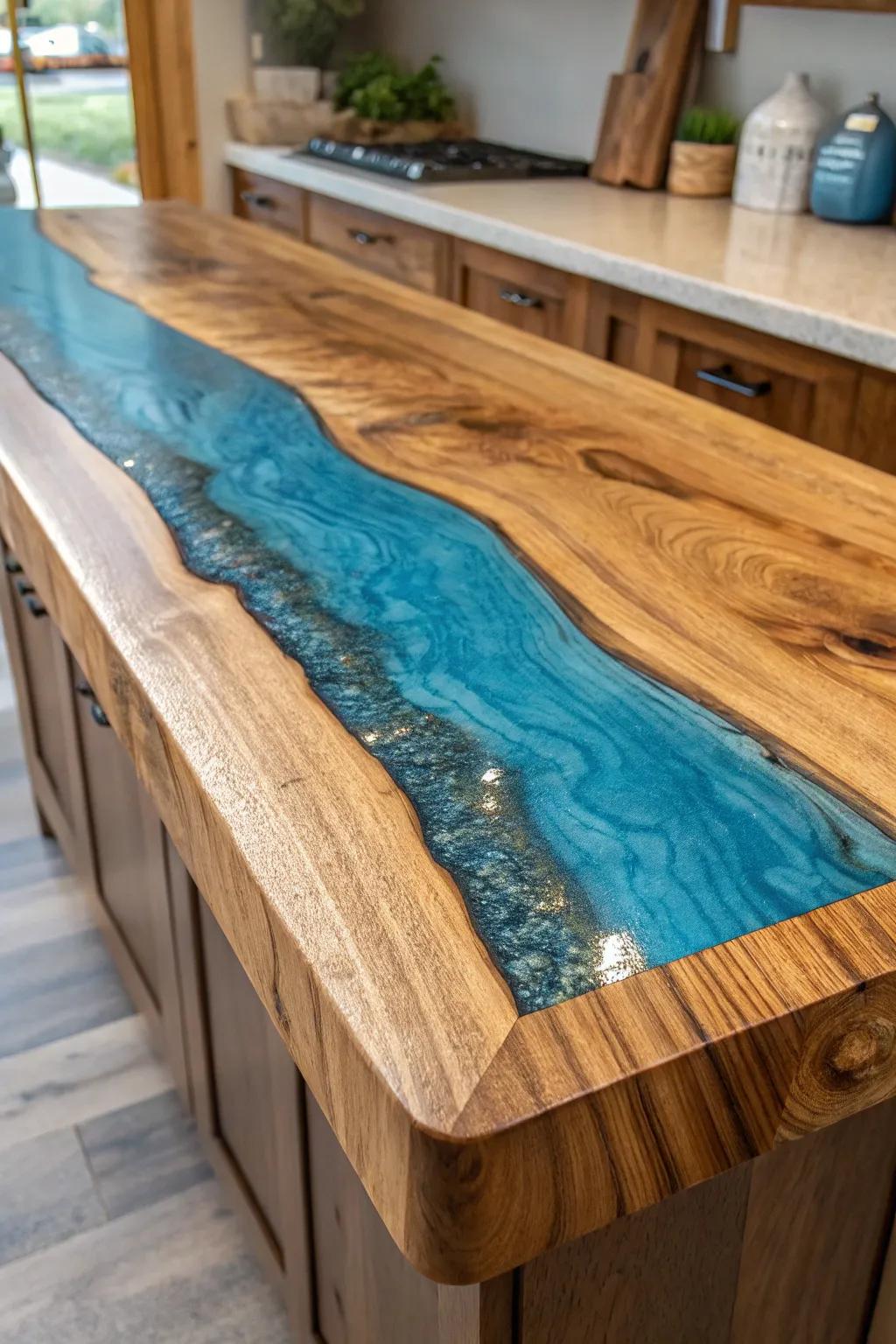 Renew your area with the captivating allure of a flowing river epoxy surface.