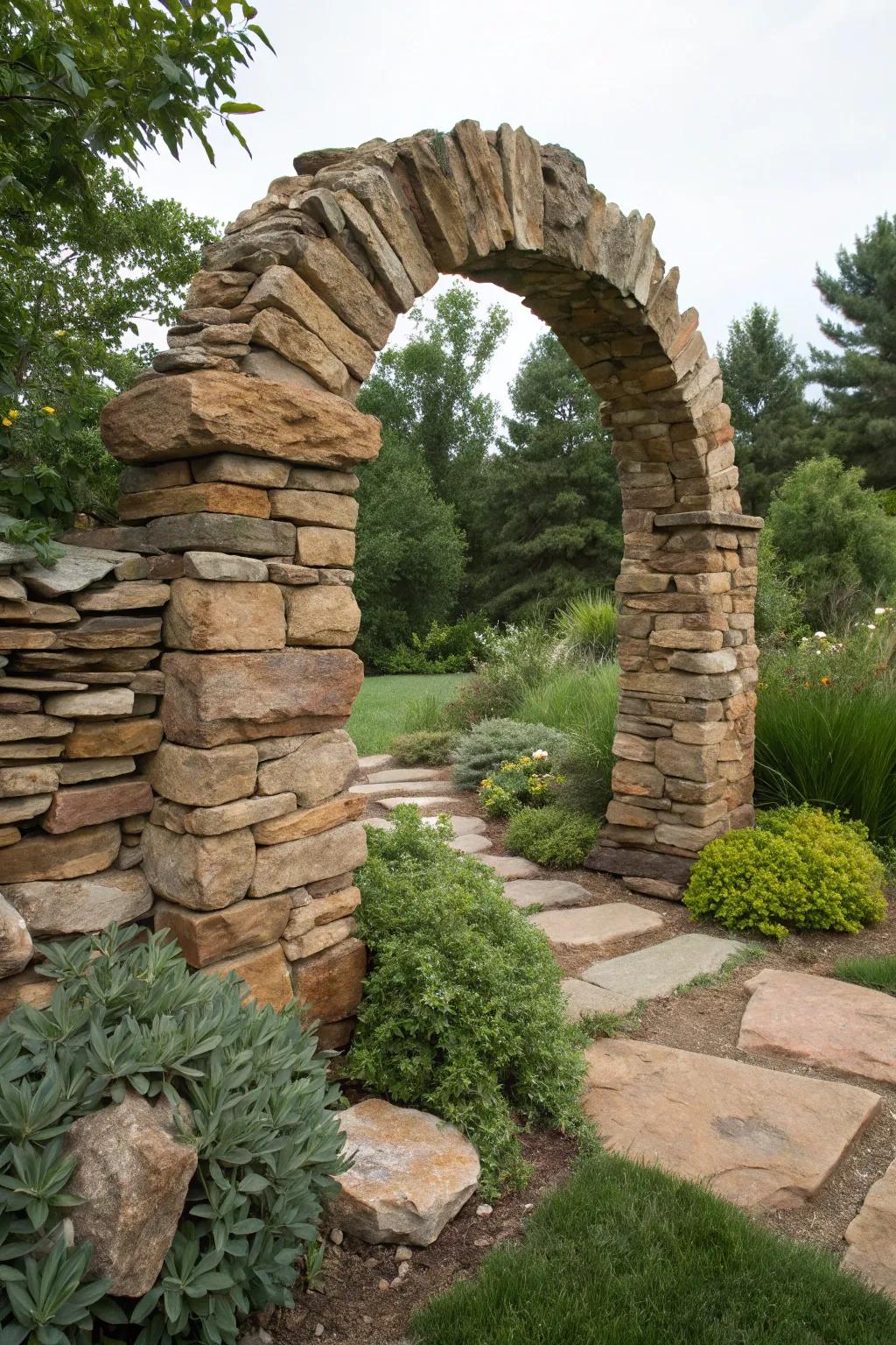 Embrace nature's refinement with a timeless rock arch that transforms your garden into a serene retreat.
