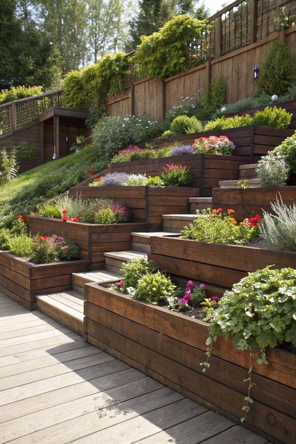 Elevate your garden game with tiered timber terraces—where craftsmanship meets nature in perfect harmony.
