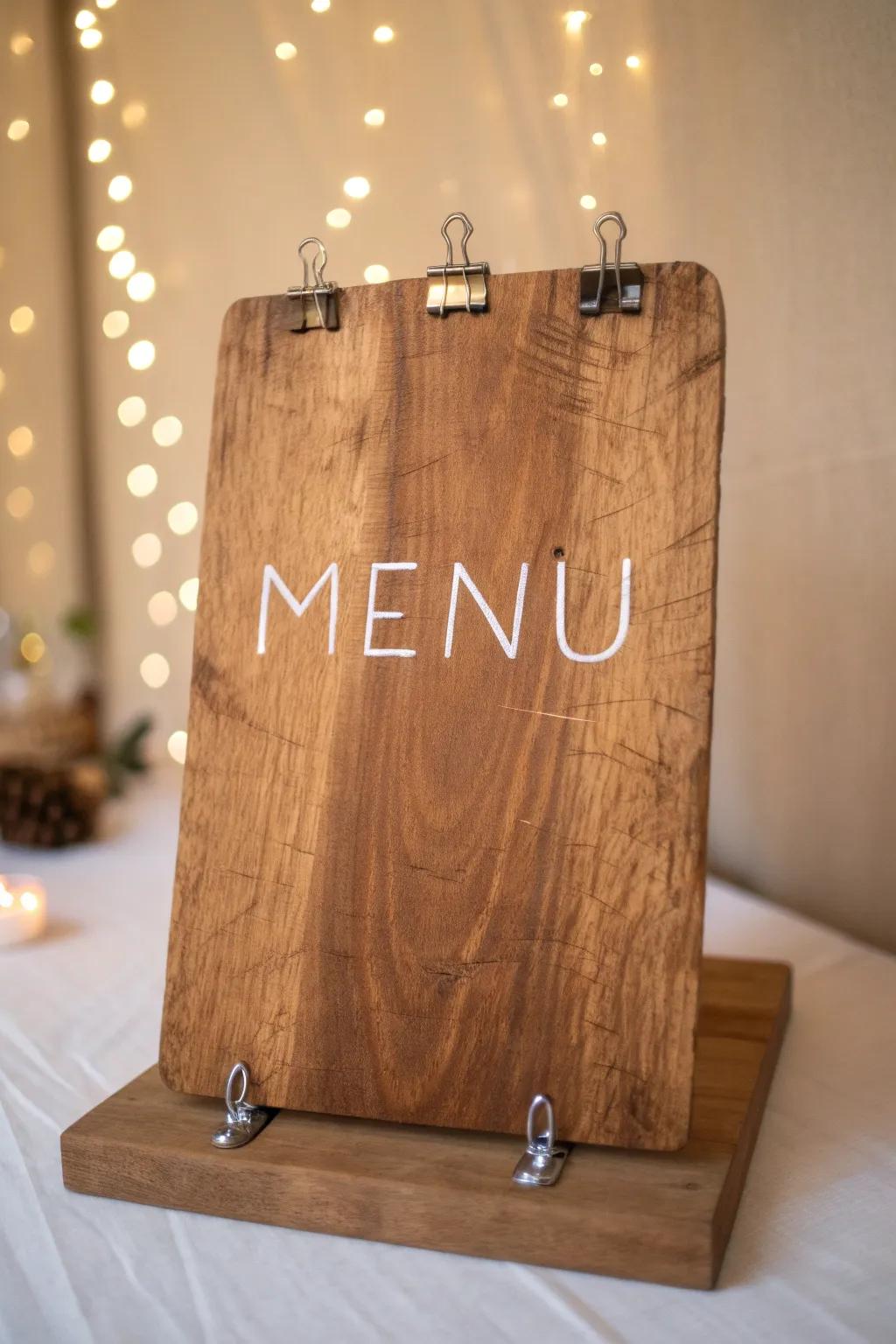 Elevate your dining encounter through this pastoral timber menu canvas, conflating simplicity and artistry for a hint of natural elegance.