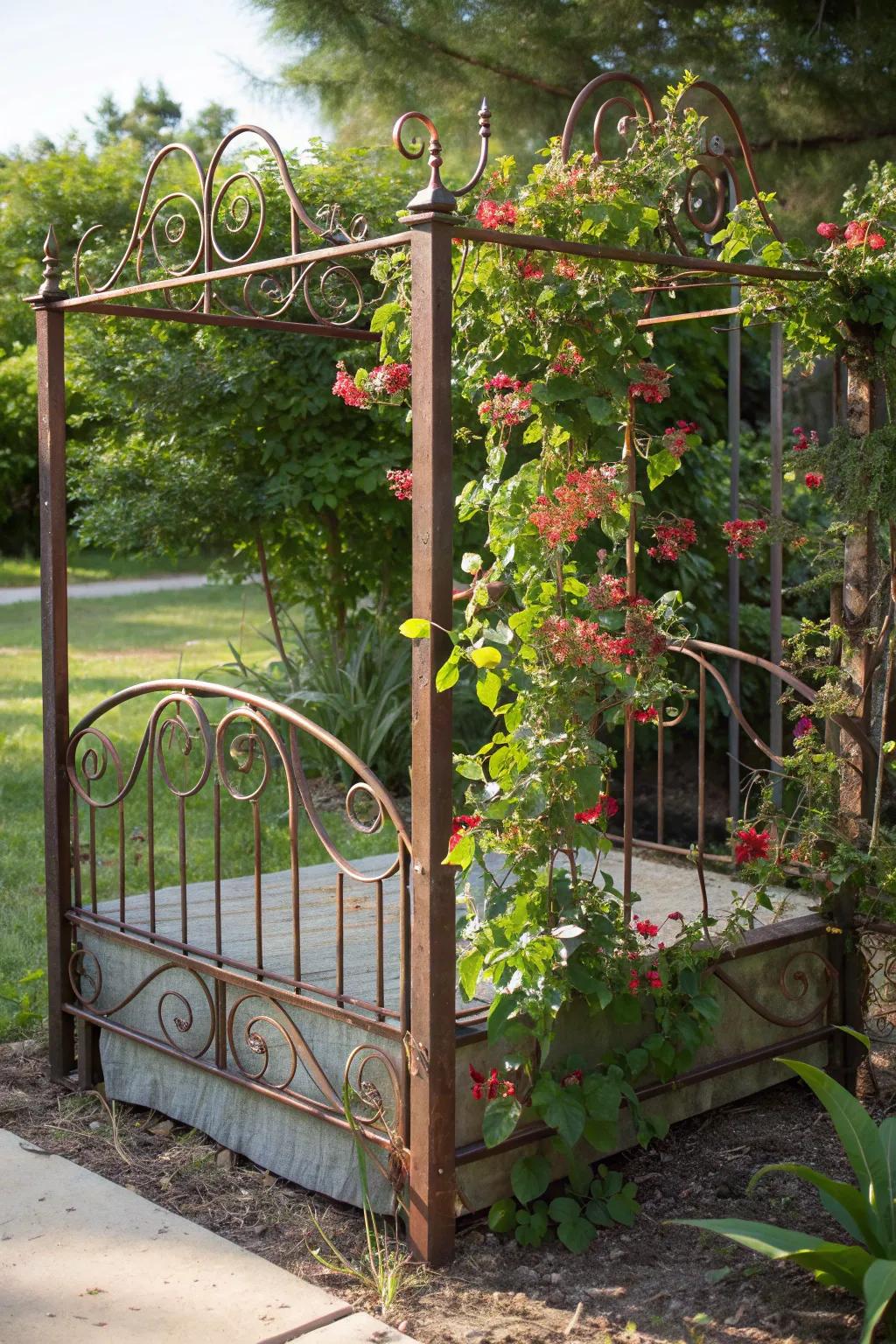 Transform your garden with a reclaimed bed frame trellis—where rustic charm meets vibrant growth.