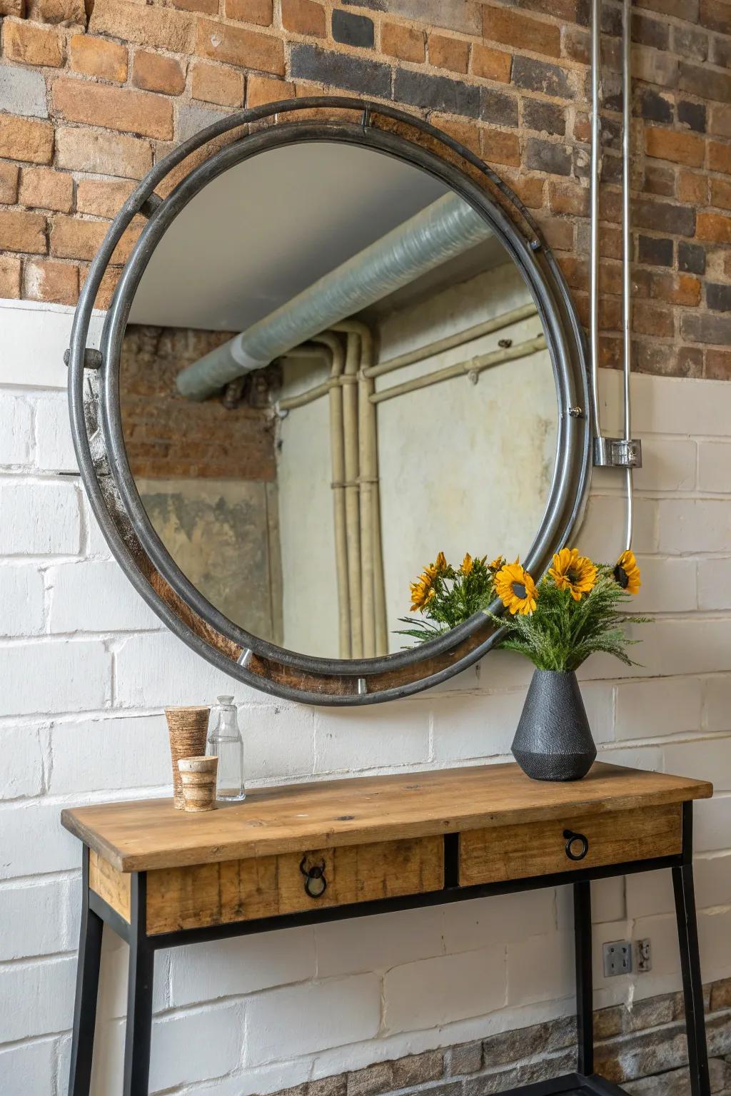 Revitalize your dwelling with industrial flair: A DIY mirror transformation utilizing rustic conduits for a modern, urban edge.
