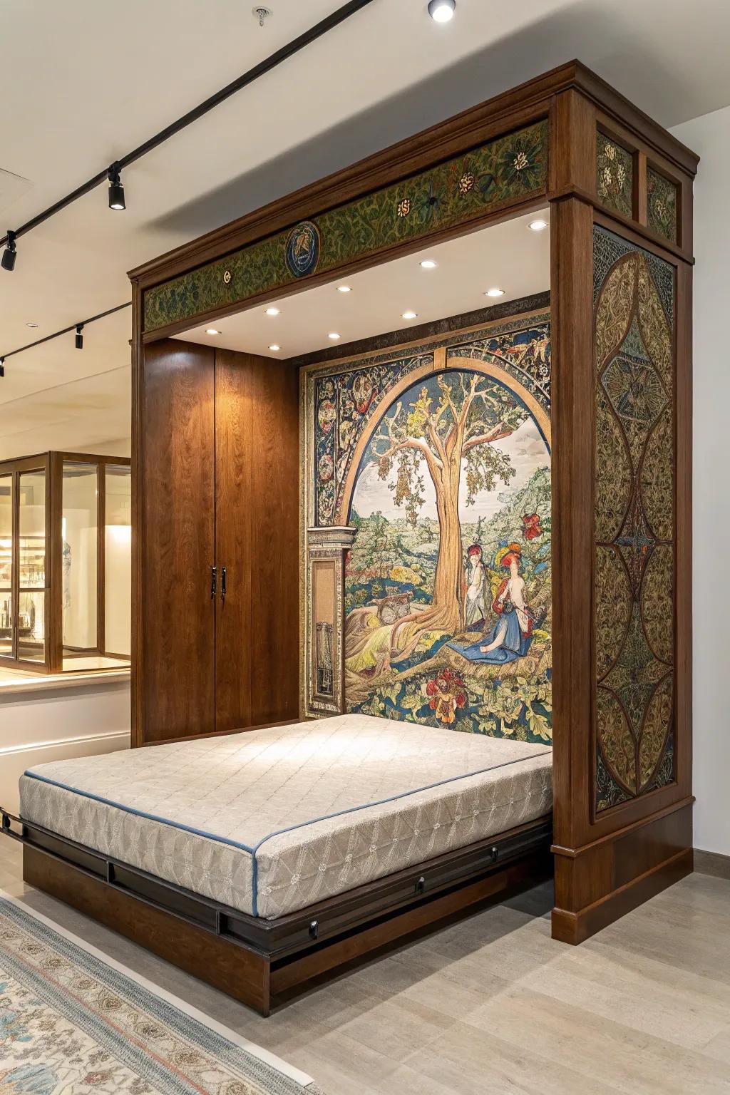 Revamp your area with an eye-catching Murphy bed showcasing a personalized artistic panel, where artistry converges with ingenuity.