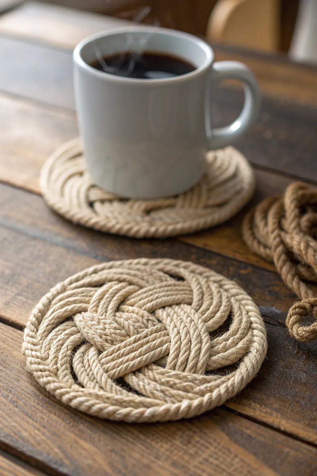 Elevate your coffee recess with handcrafted cord intertwine coasters; where functionality encounters artisan craftsmanship.