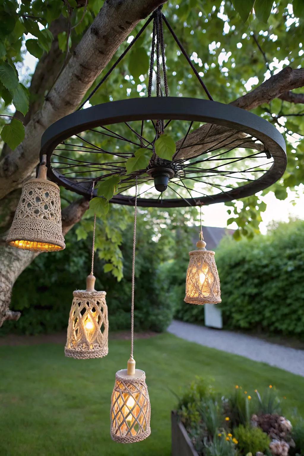 Light up your garden gatherings with this stunning DIY chandelier, crafted from a reused bicycle rim and boho lanterns.