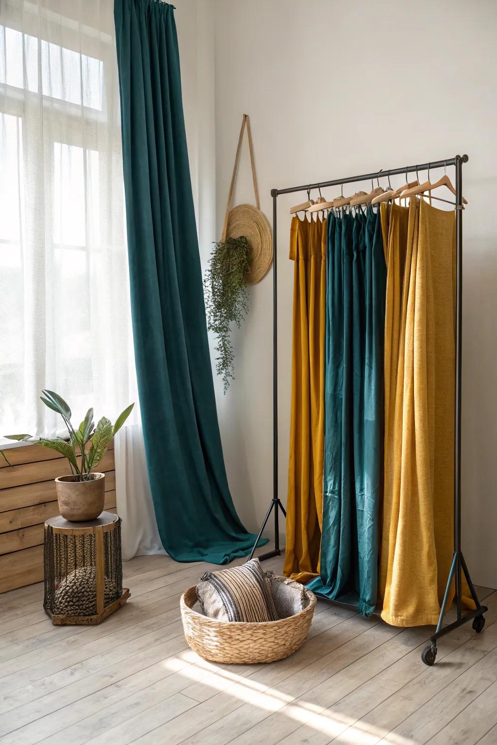 Transform your interior with a hint of boho sophistication: a chic room divider crafted from drapes on a vintage garment rack.