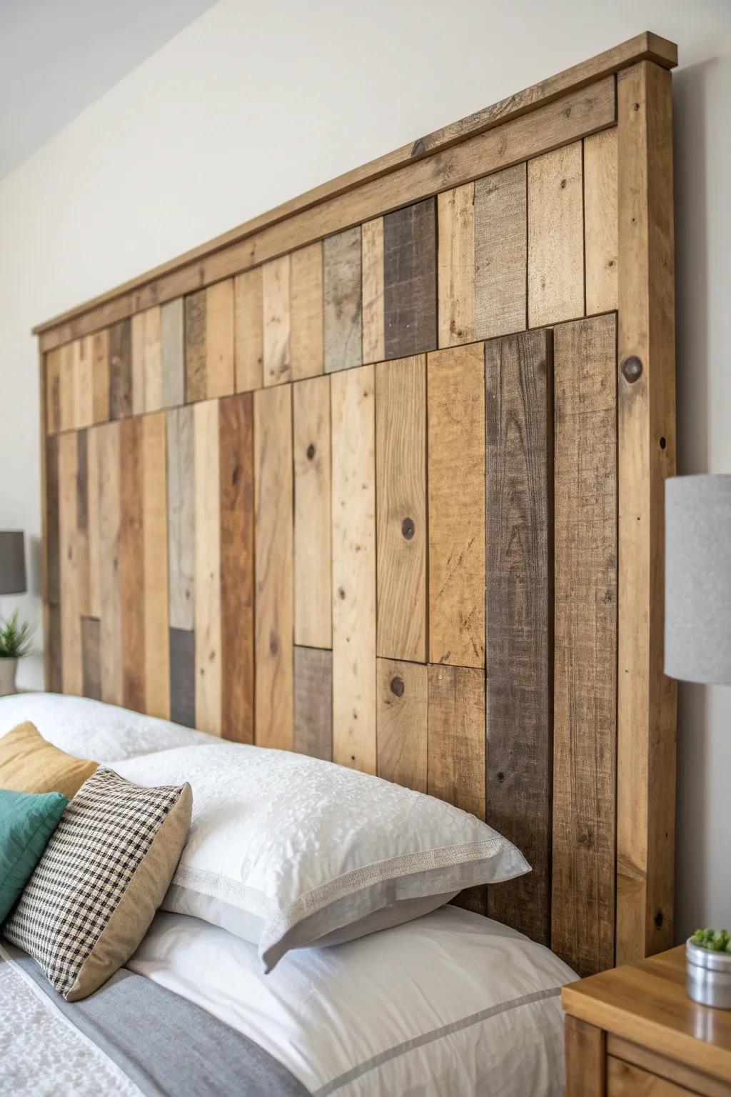 Elevate your bedroom with a stunning assorted lumber headboard that blends rustic charm with minimalist elegance.