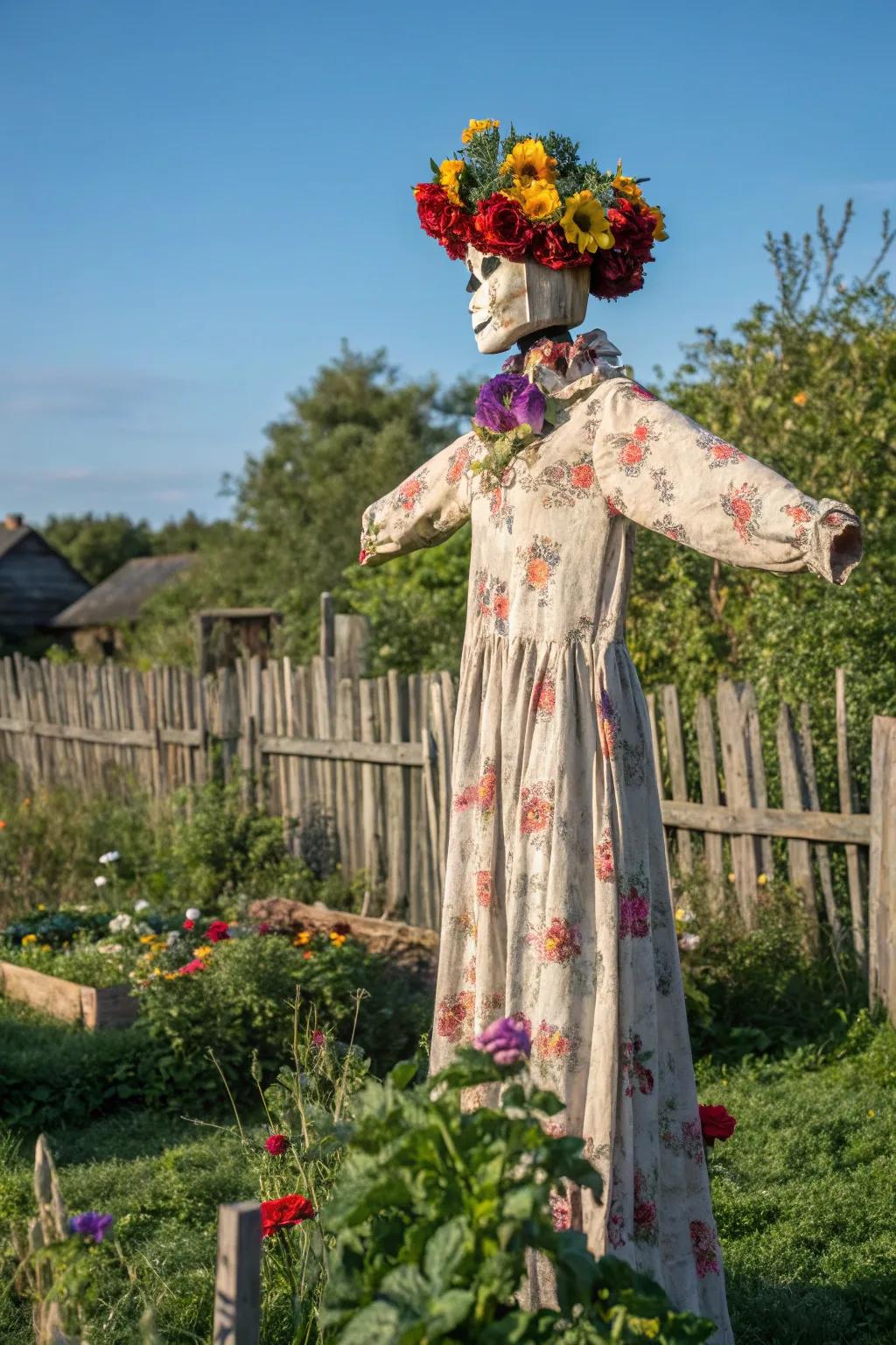 Enhance your garden with a flowered embellished scarecrow masterpiece.