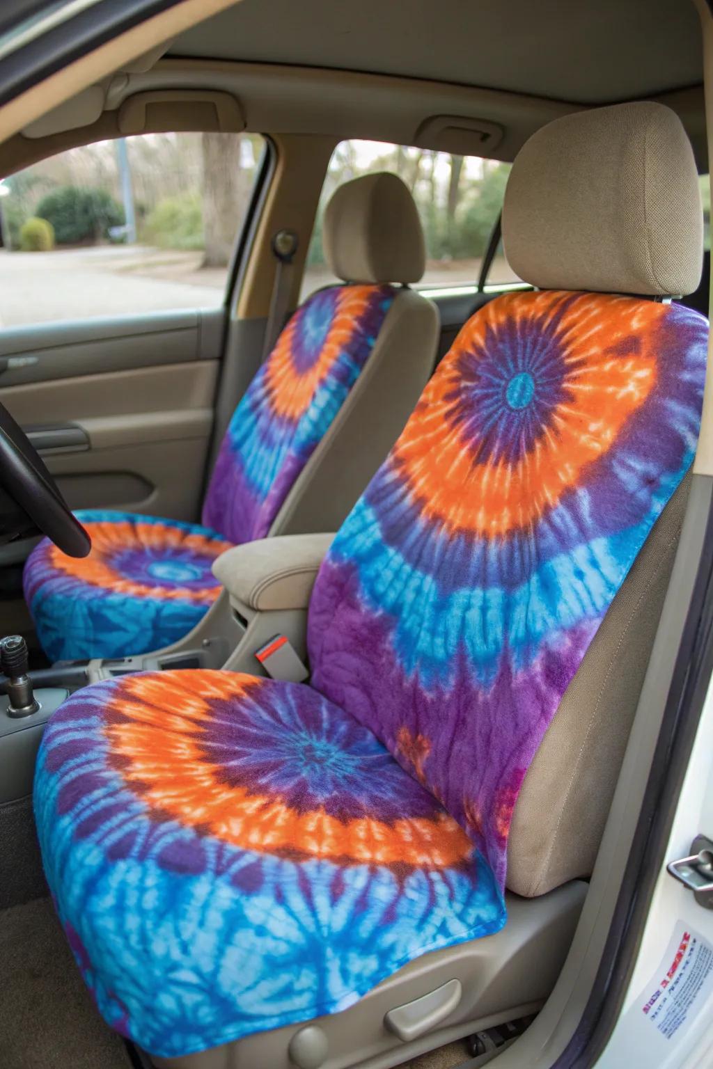 Revive your vehicle with a splash of 70s flair: DIY tie-dye seat coverings bring vibrant craftsmanship to every commute.