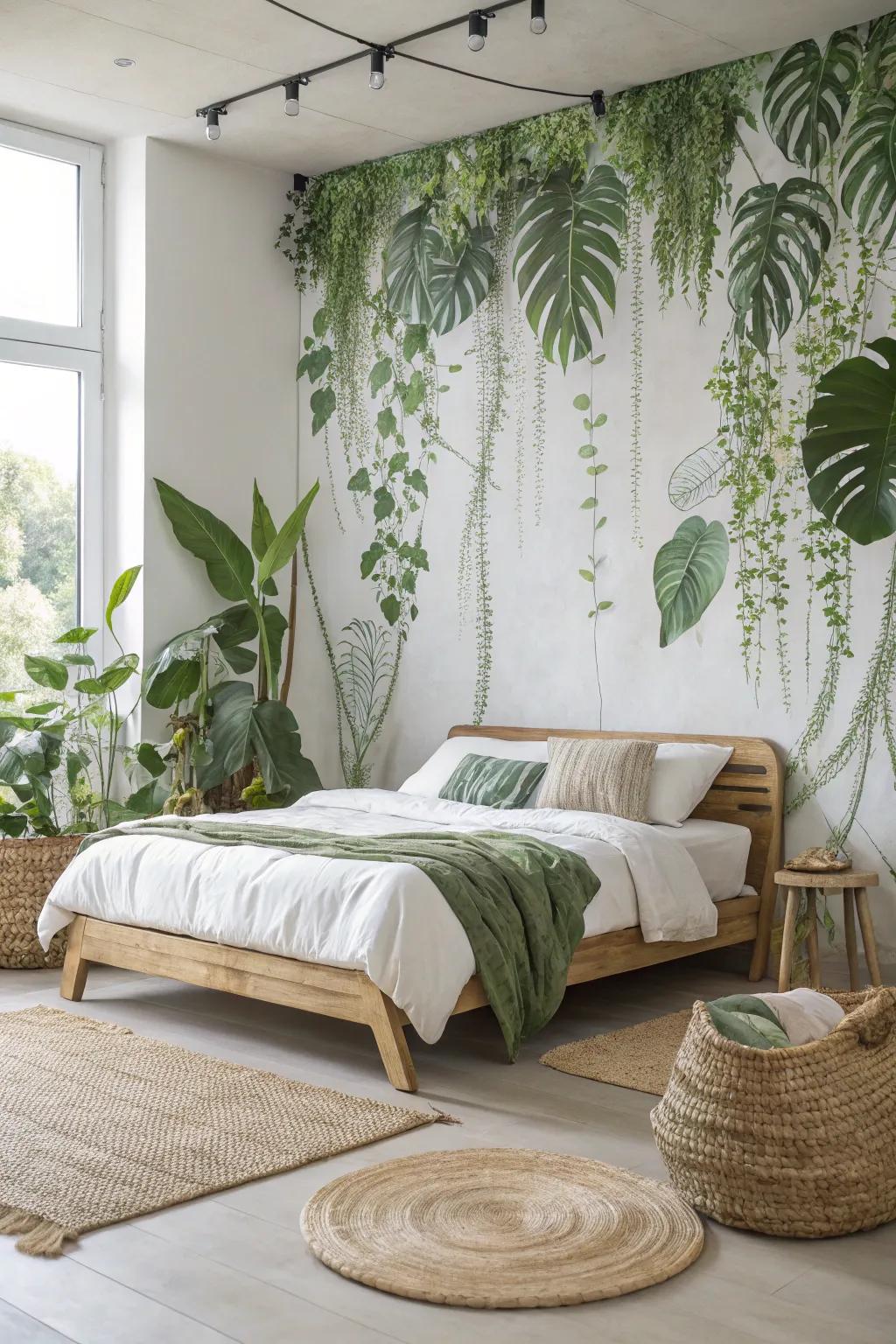 Adapt your sleeping quarters into a tranquil jungle retreat through a breathtaking herbaceous mural that combines Scandinavian clarity with boho charm.