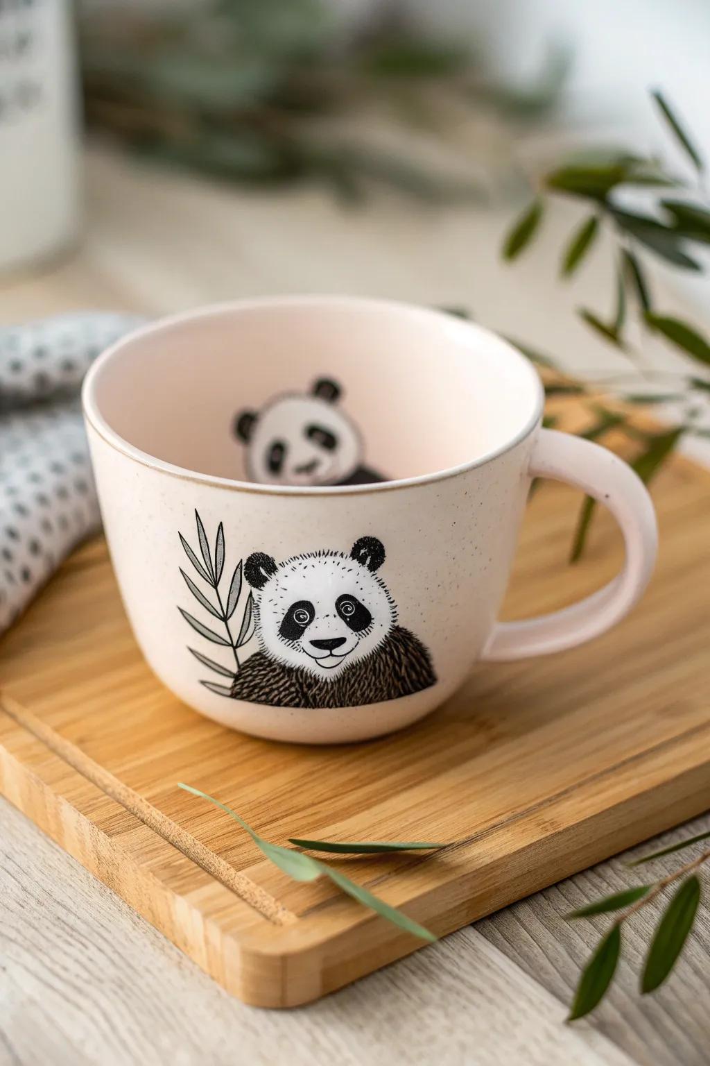 Whimsy Inside a Teacup: Uncover the appeal of this lively panda representation, ideal for your minimalist gathering.