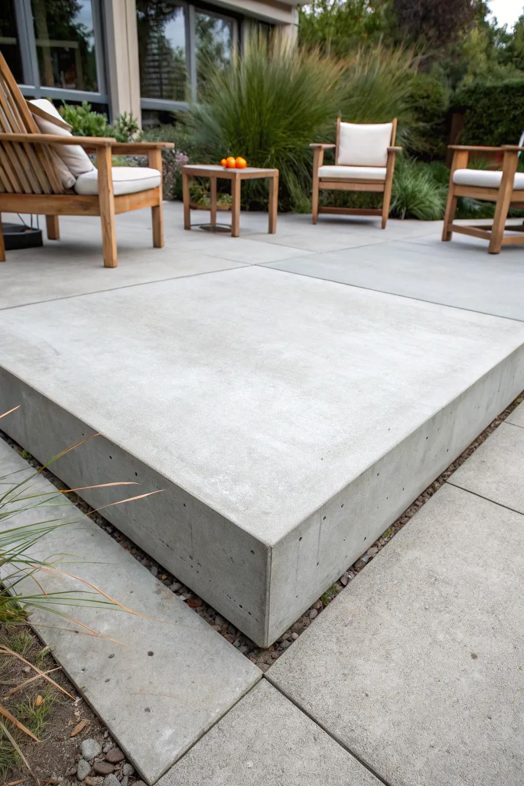 Embrace minimalist charm through durable cement modules, the ideal foundation for any patio design.