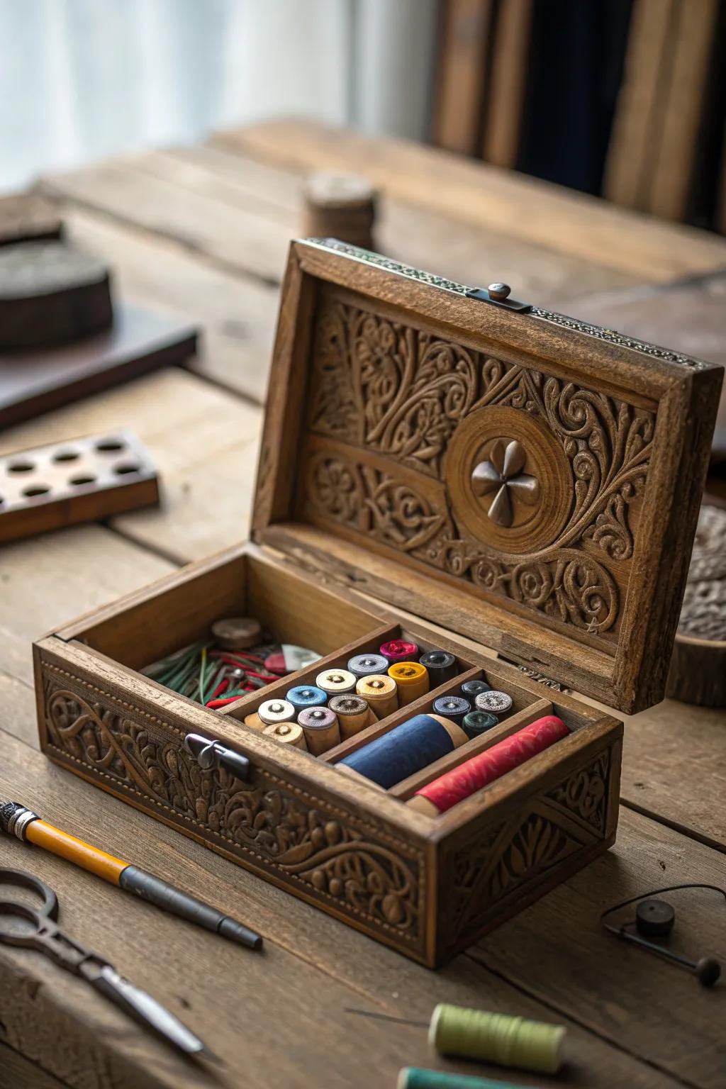 Transform a classic wooden container into an elegant artistic supplies organizer with vintage charm.