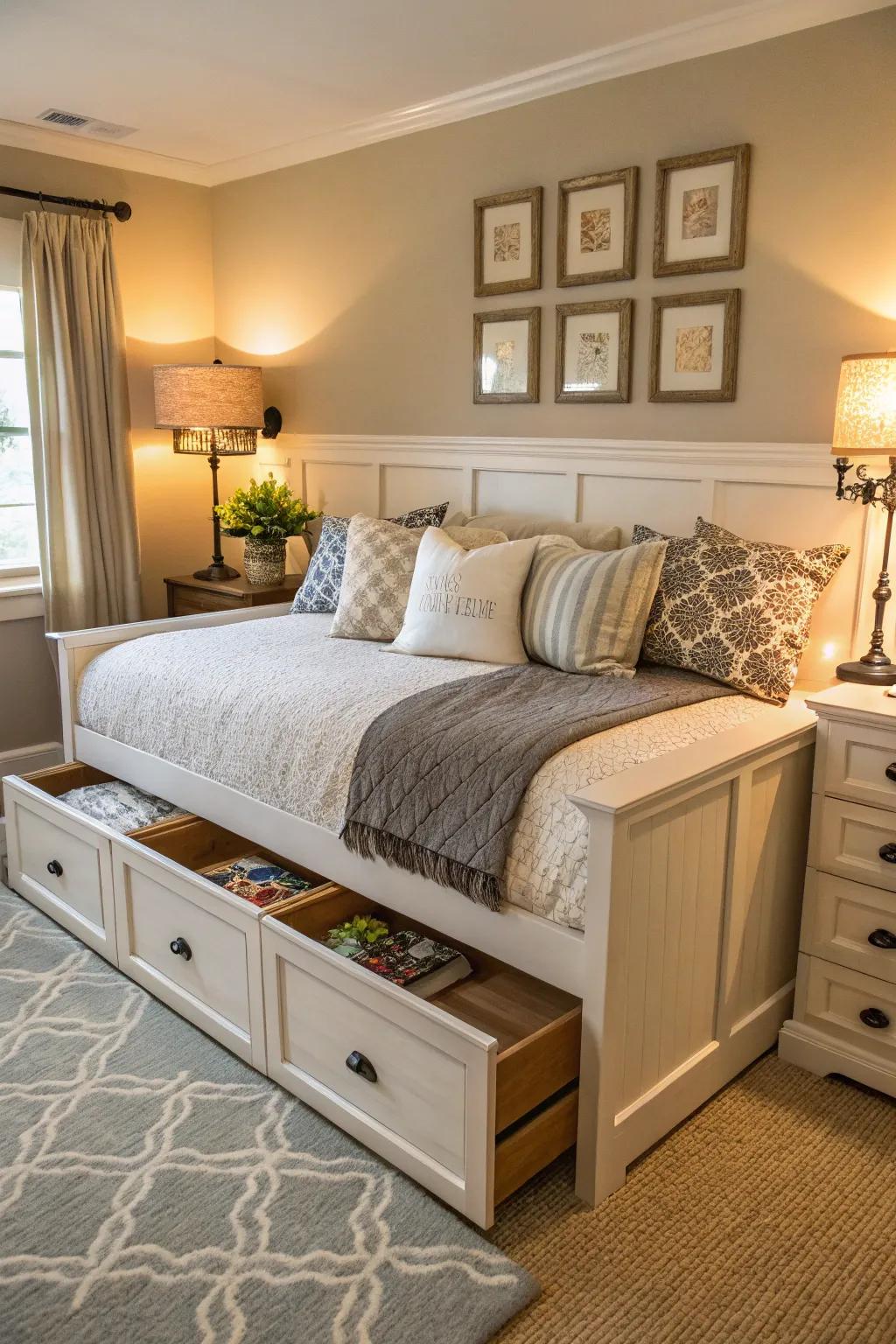 A daybed with storage maximizes functionality.