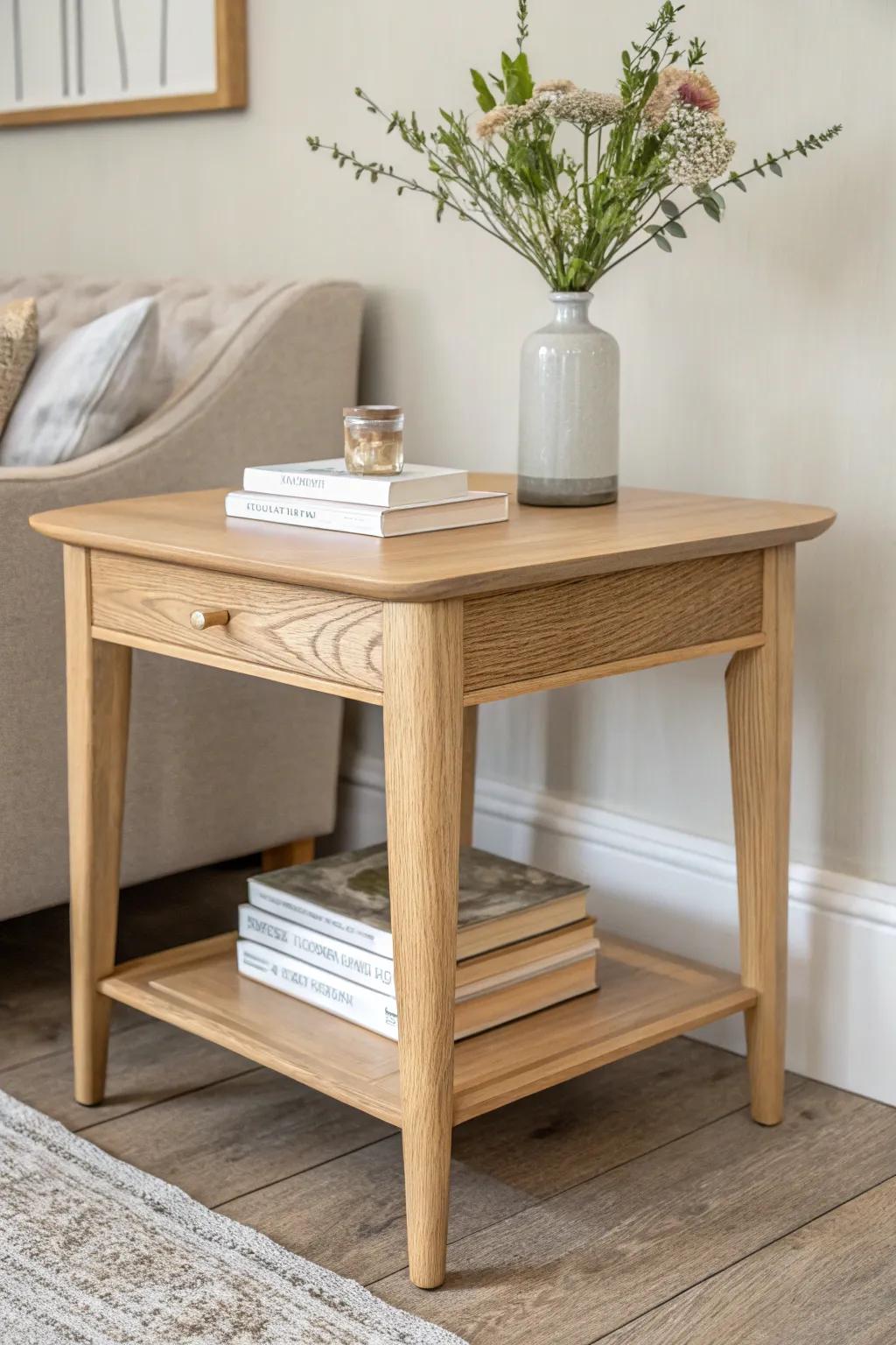 Elevate your area through a fashionable end table makeover; practicality converges with aesthetics via this supplemented shelf design!