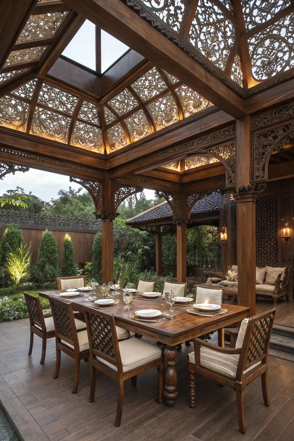Experience the allure of outdoor dining beneath an exquisitely crafted patio roof.