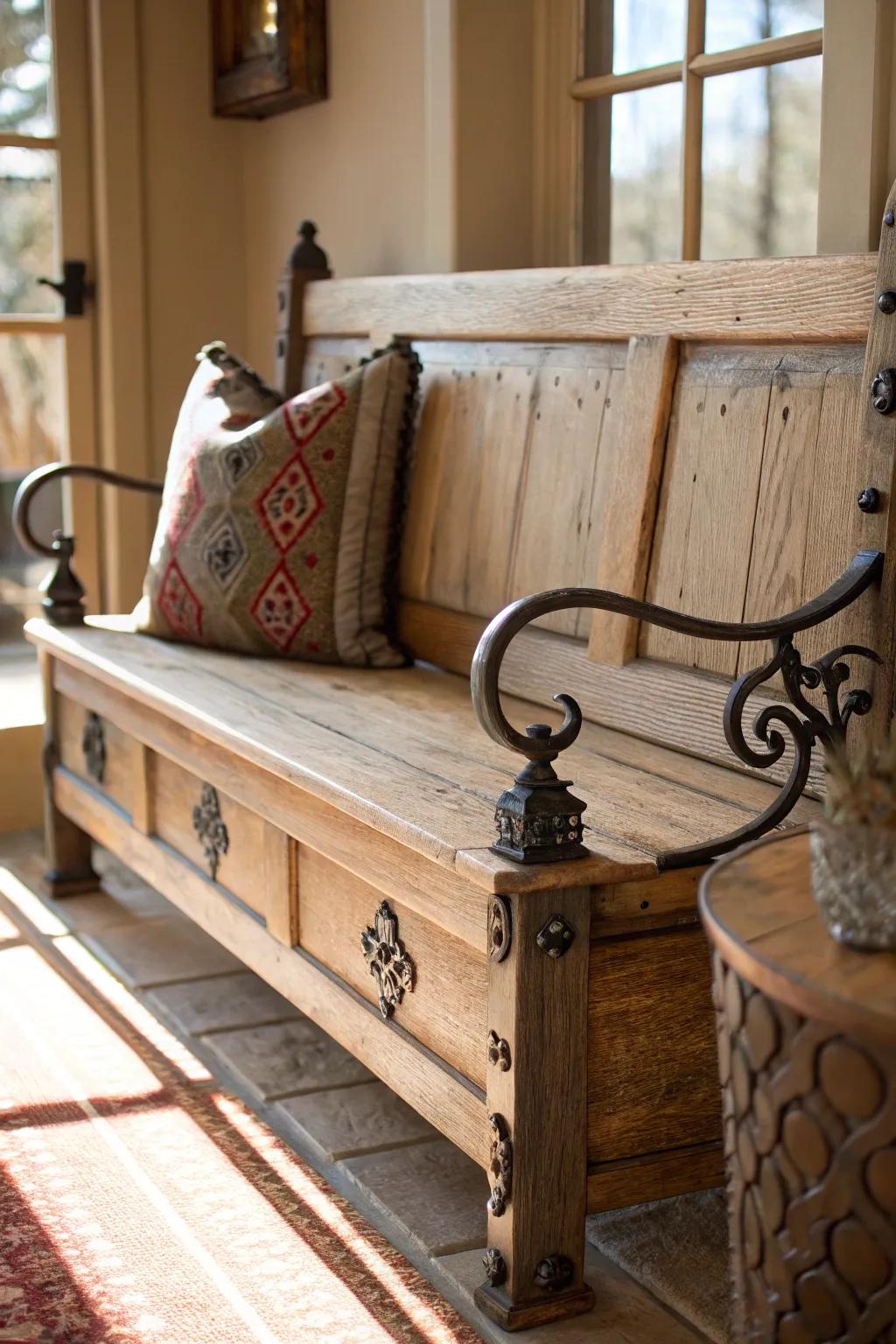 Embrace timeless refinement with our vintage-inspired farmhouse bench.