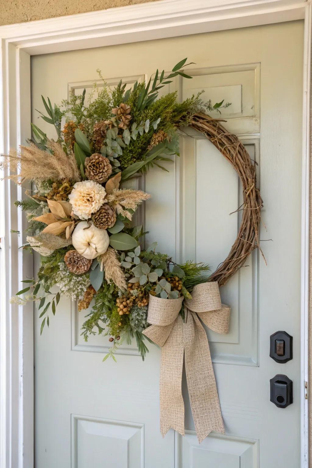 Soft shades establish an ageless aesthetic for farmhouse wreaths.