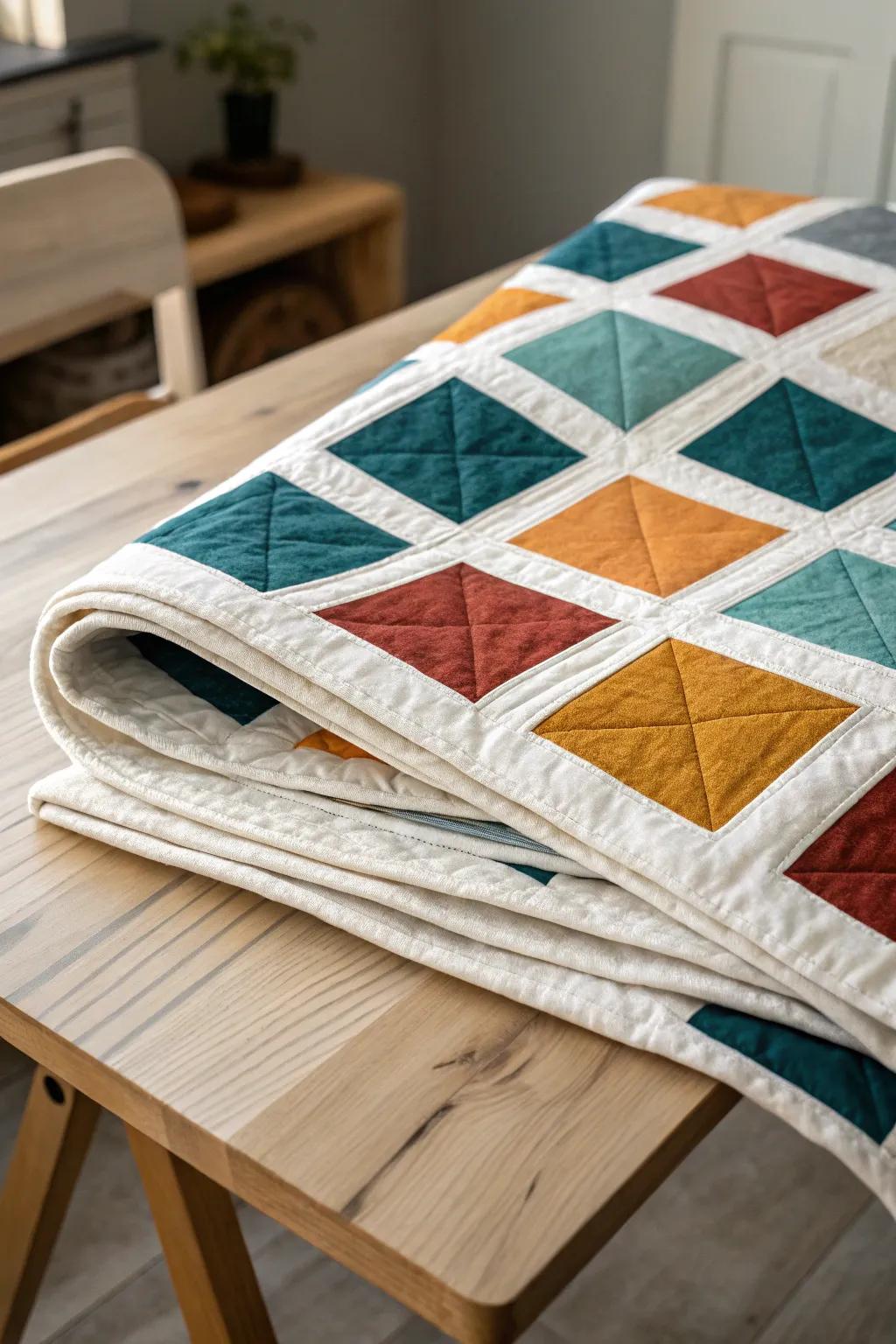 Uncover the allure of levitating blocks—where vibrant colors encounter minimalist sophistication in a quilt that captures the art of simplicity and style.