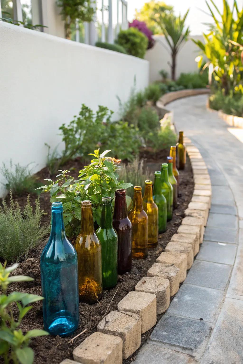 Illuminate your yard with eco-conscious elegance employing repurposed glass vessel borders. A sustainable and chic nuance for your floral displays.
