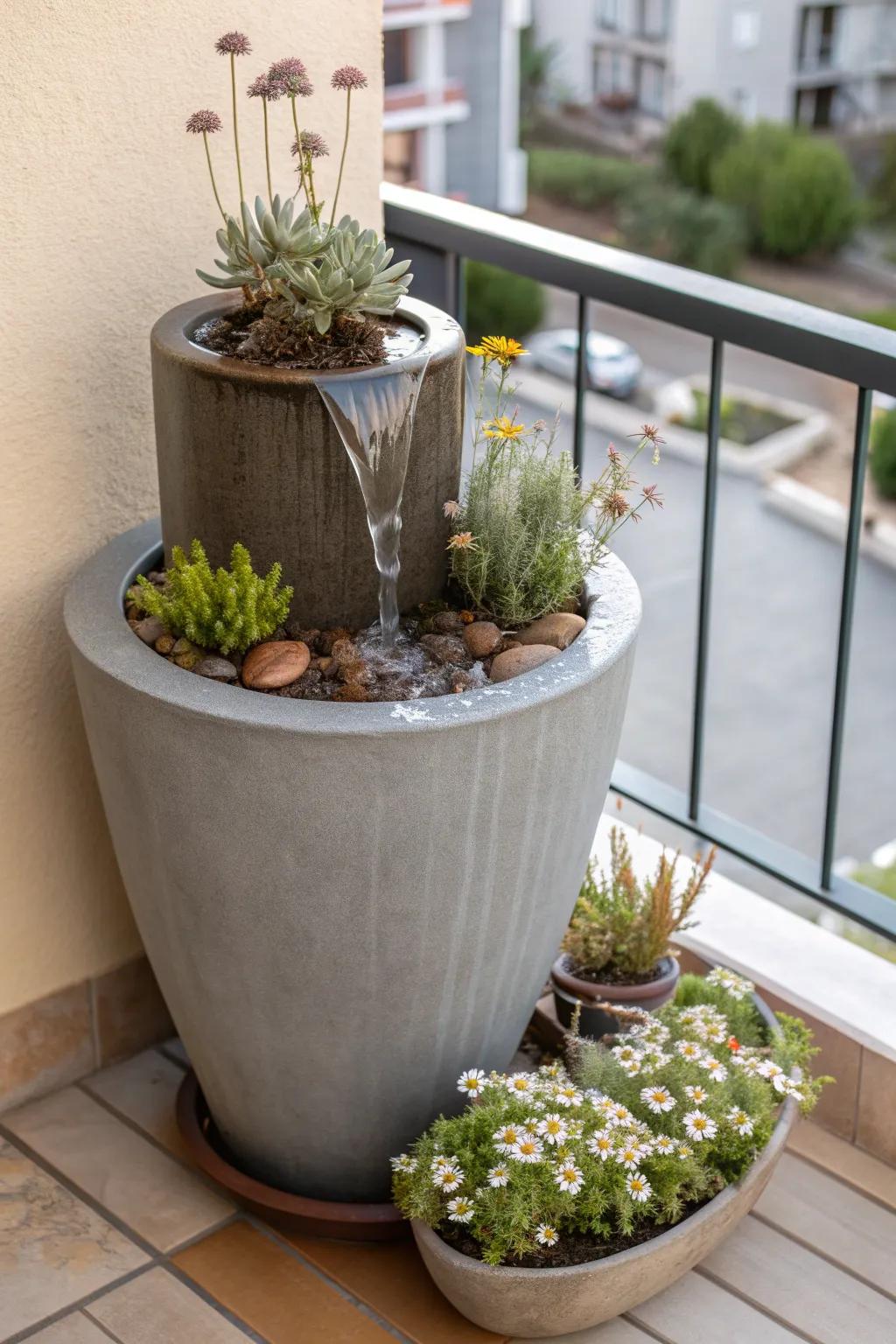 Convert your balcony into a serene getaway featuring this minimalist flower pot fountain, where Scandinavian elegance encounters boho charm.