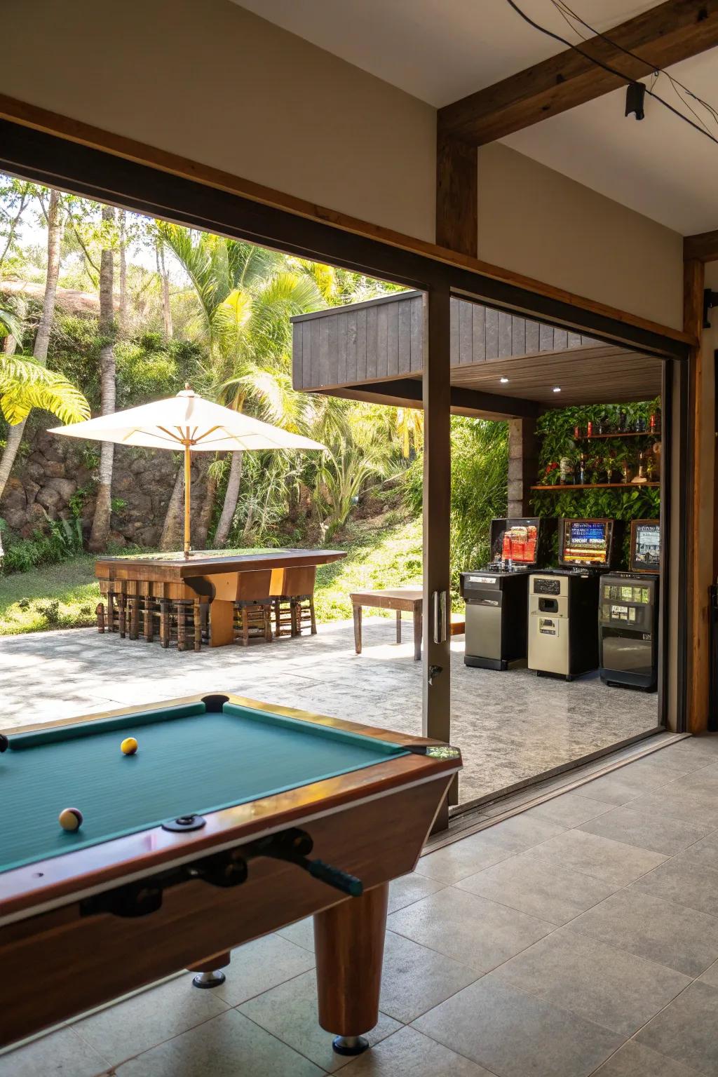 An exterior interior bar fusion enriches your game room with fresh air and light.