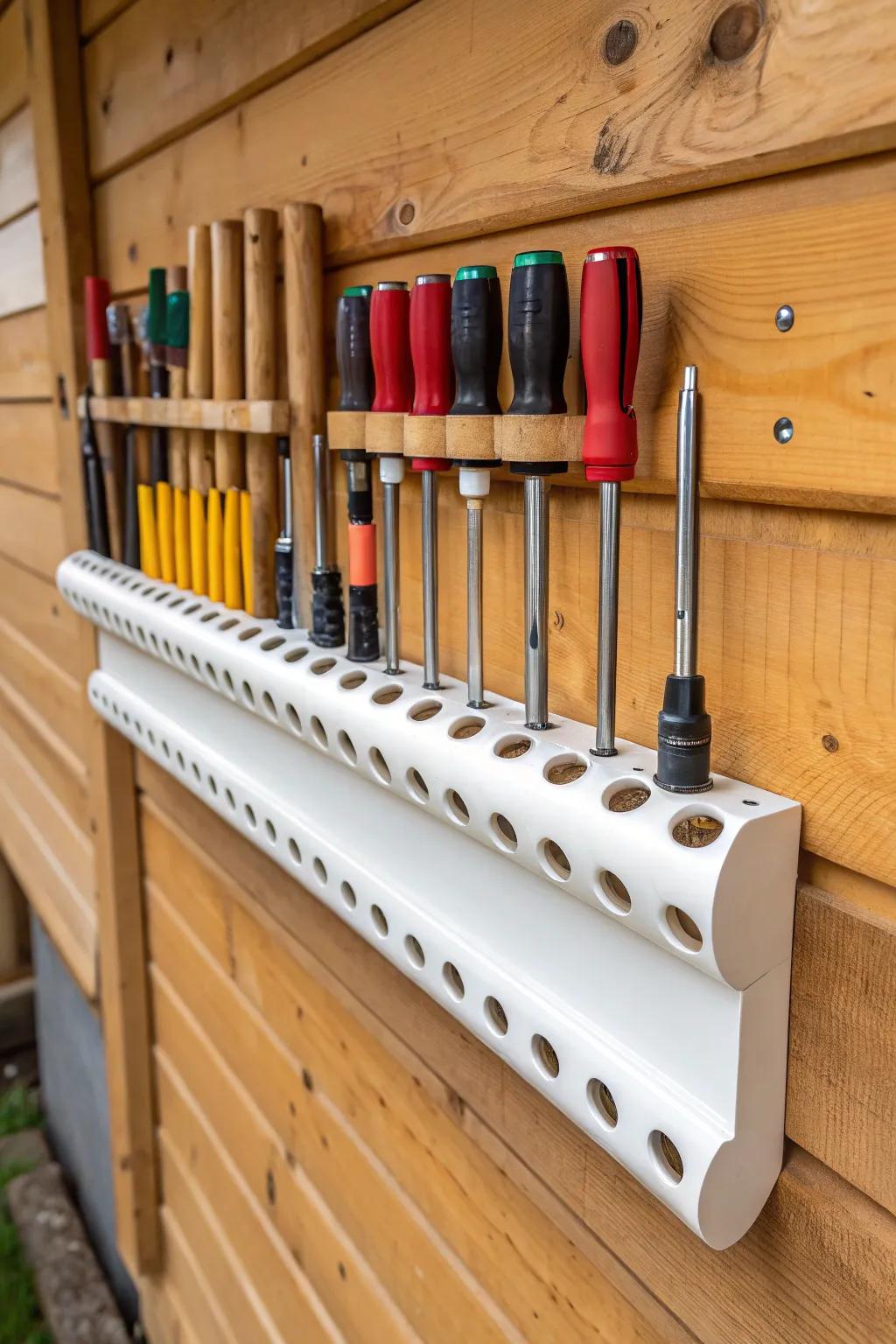 Transform your garage with this polished polyvinyl chloride conduit screwdriver caddy, blending organizational mastery with fine craftsmanship!
