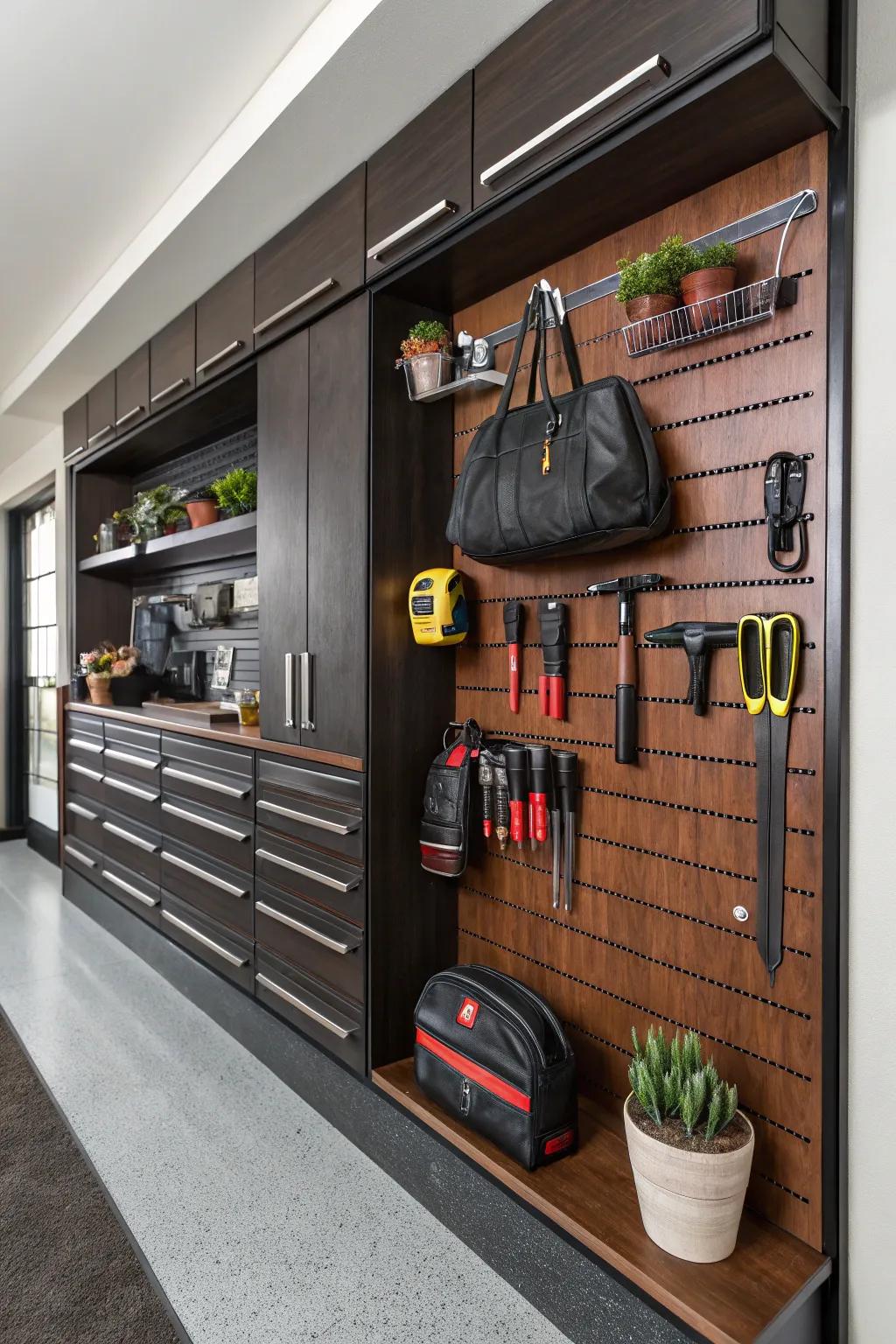 Make the most of your garage with this ideal slatwall configuration that combines style and usefulness.