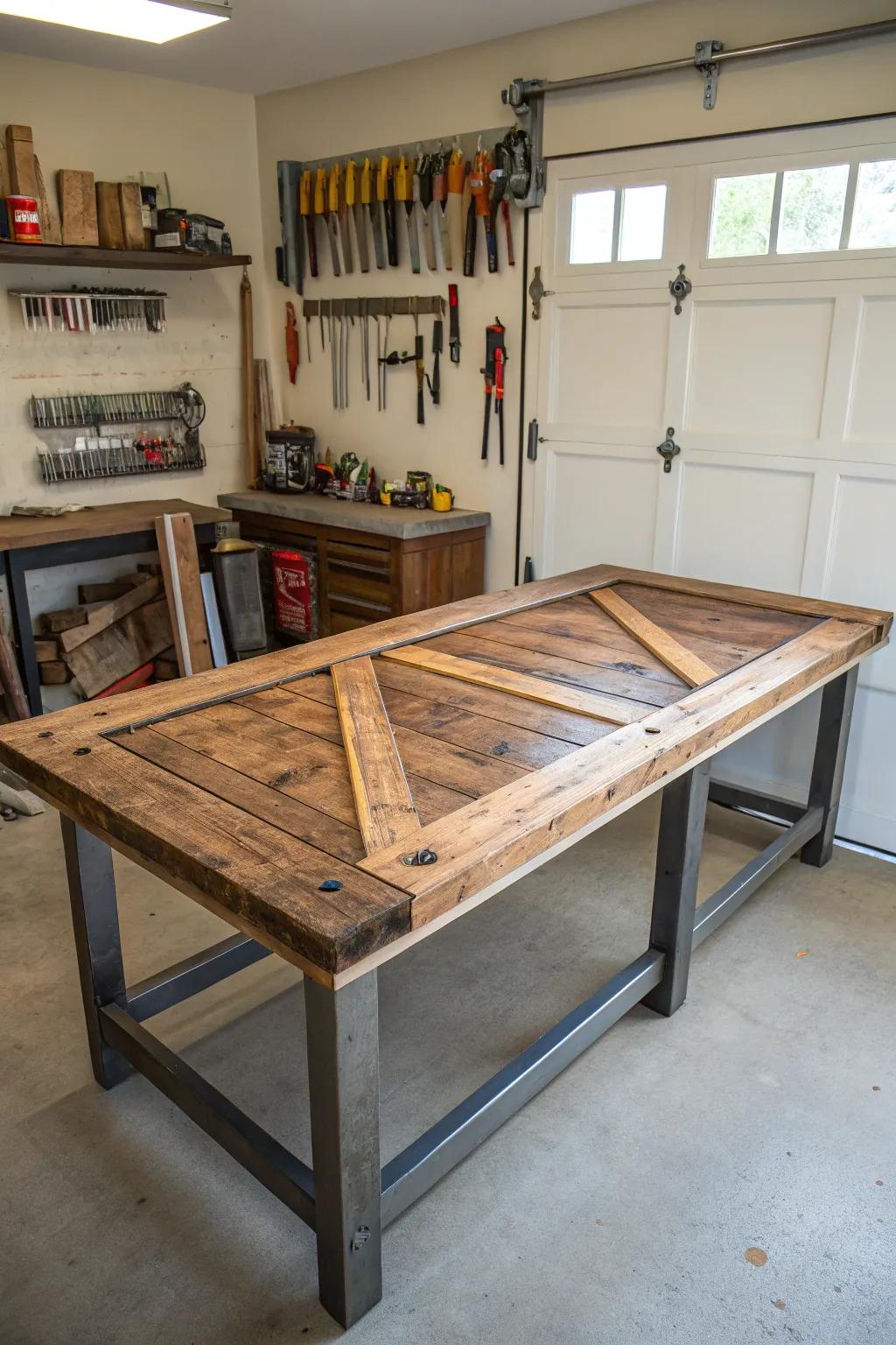 Transform your garage with a reclaimed barn door workbench—where rustic charm embraces craftsmanship.