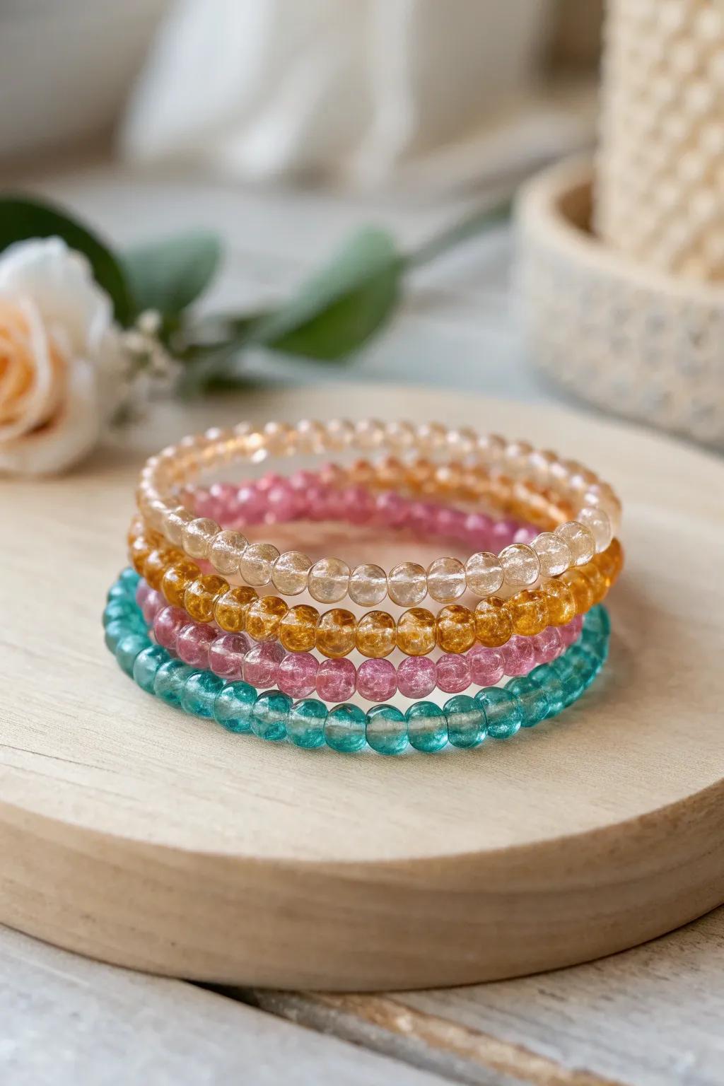 Savour the essence of layered unpretentiousness with these vibrant bracelets.