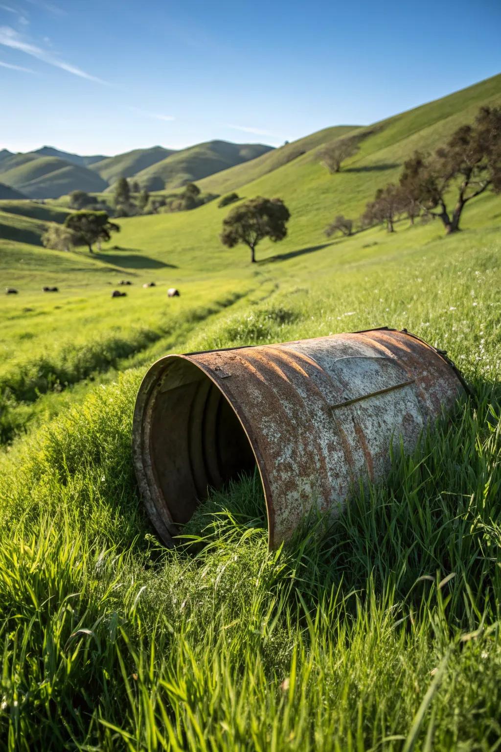 Uncover the charm of handmade fun: a countryside drum entices goats to roam.