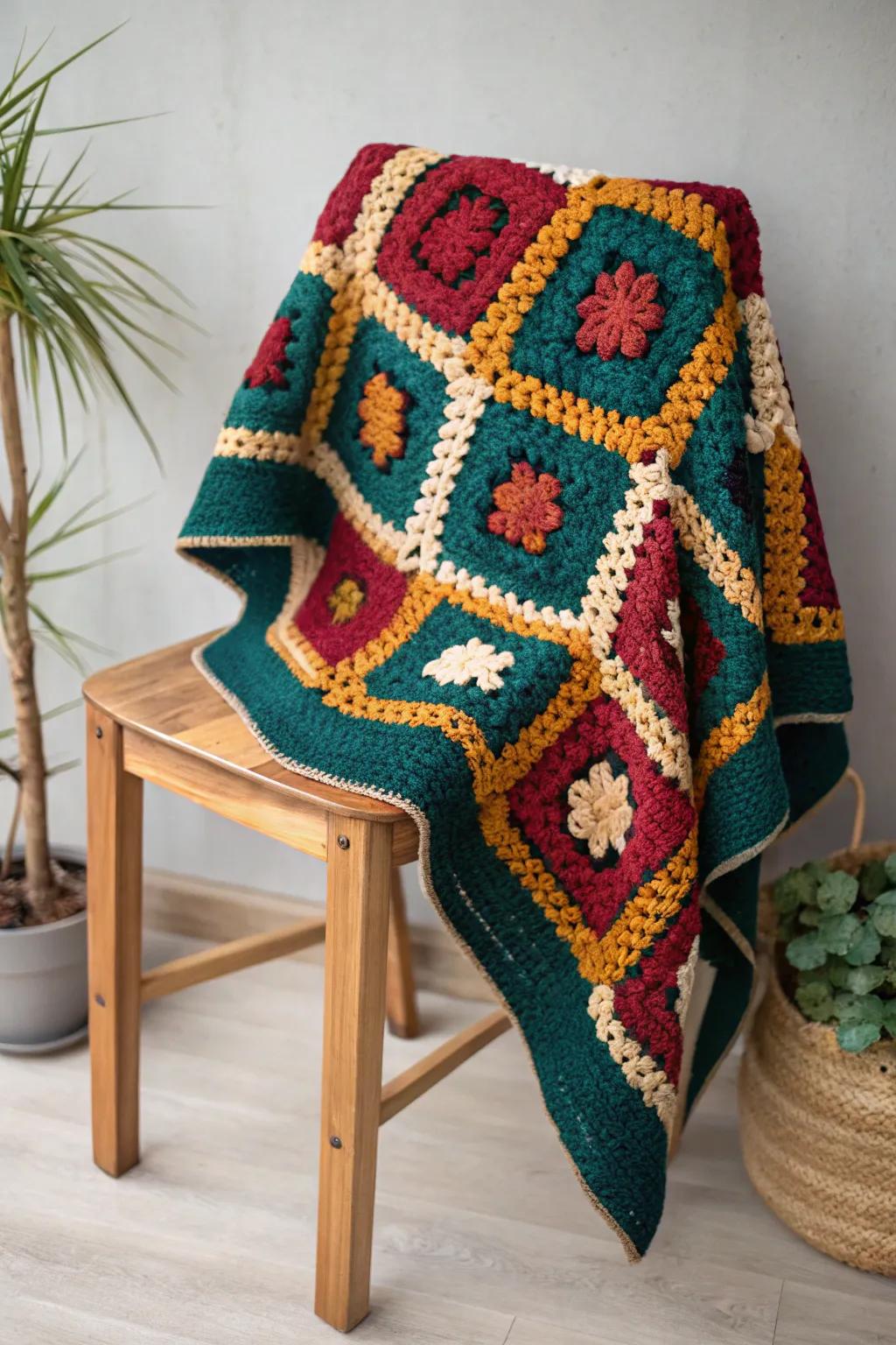Envelop yourself in cozy refinement with a vibrant granny square outer wrap, excellent for those crisp, fashionable days.