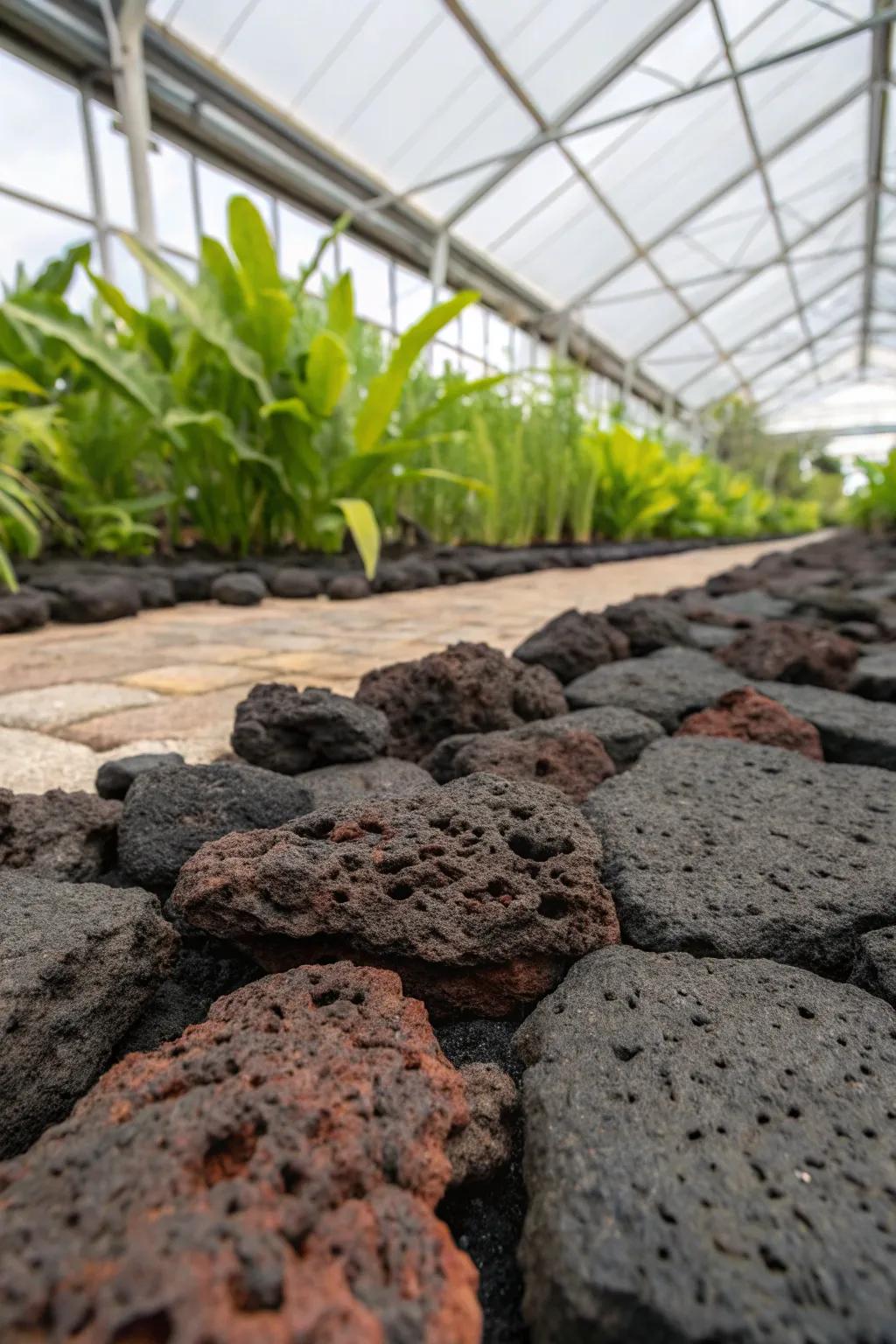 Pyroclastic rock flooring: A natural remedy for dampness regulation in your greenhouse.