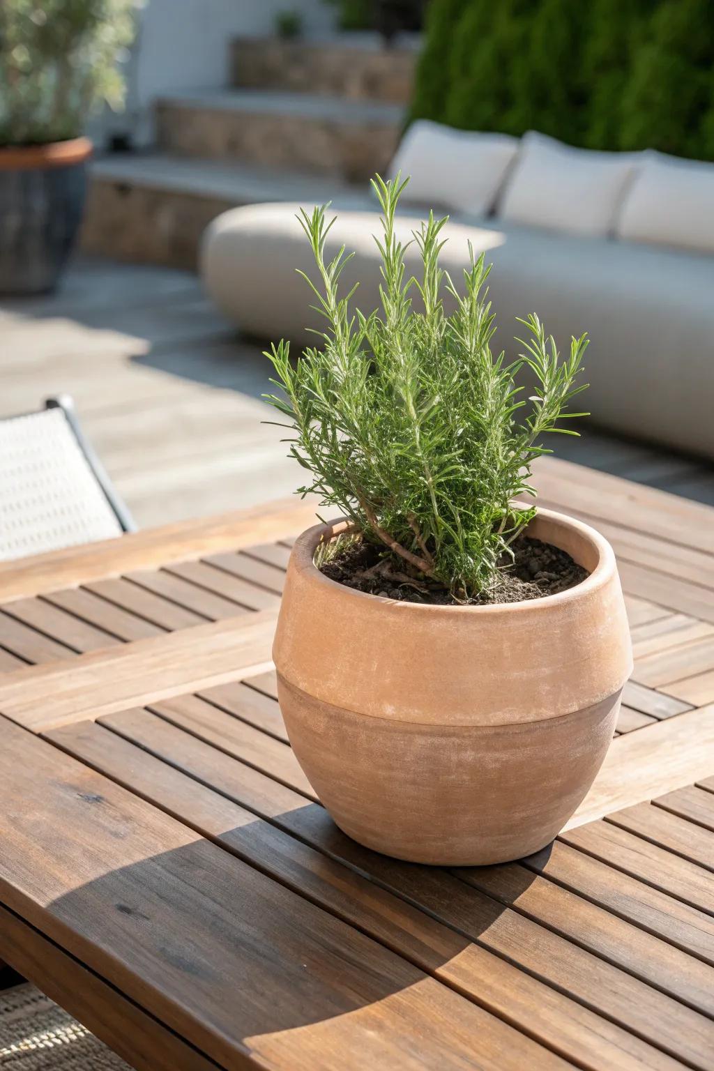 Embrace simplicity and elegance via a rosemary botanical which transforms your patio into a serene haven of herbs.