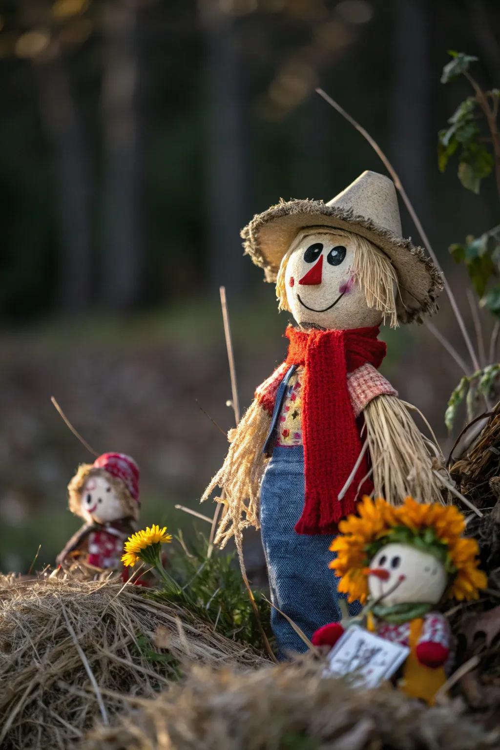 Meet the charming miniature scarecrow family—each one a unique character bringing vibrant personality to your autumn decor!