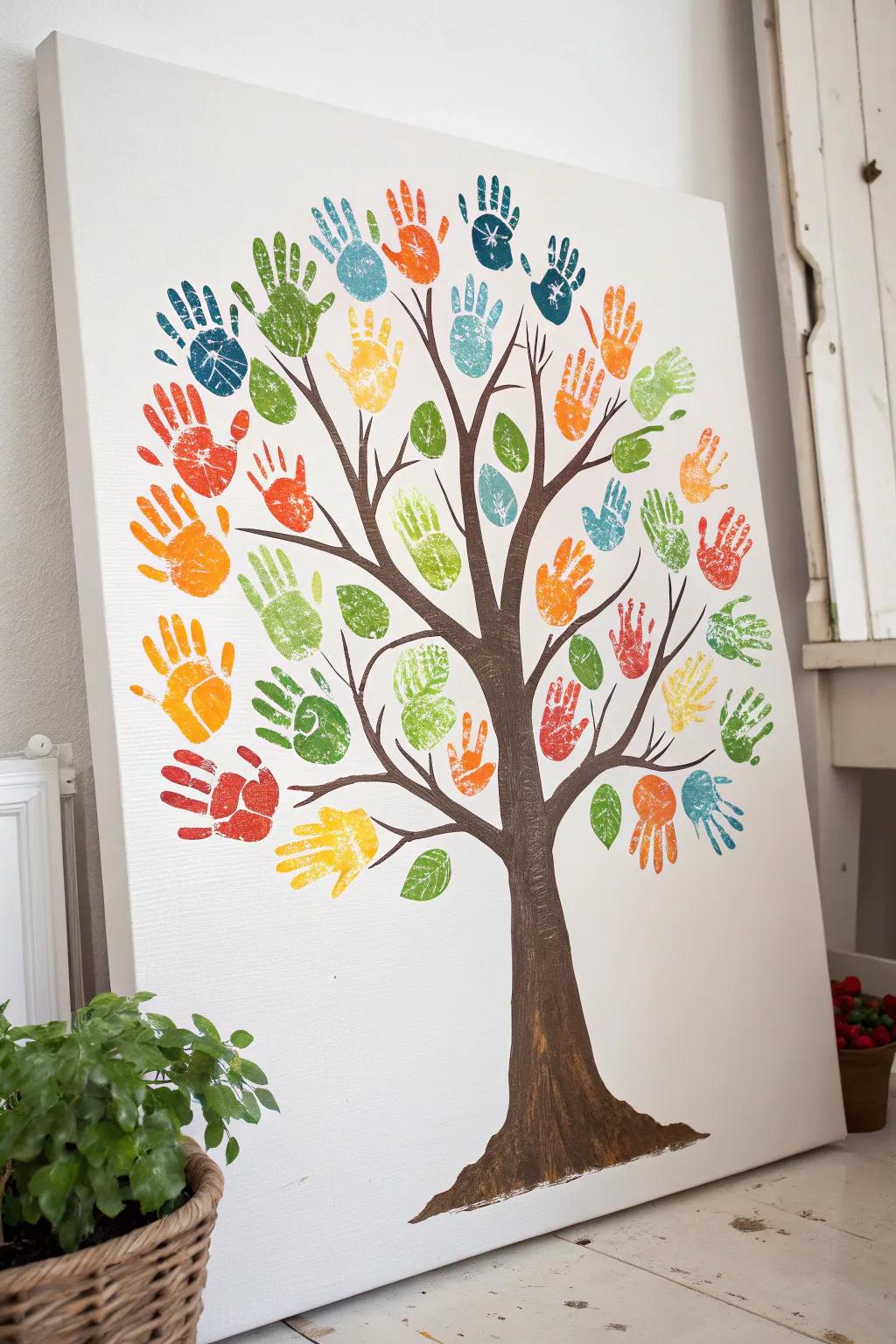 Celebrate the evolving seasons with this mesmerizing handprint wood art, where simplicity aligns with audacious color. 🍂🌸❄️🌿
