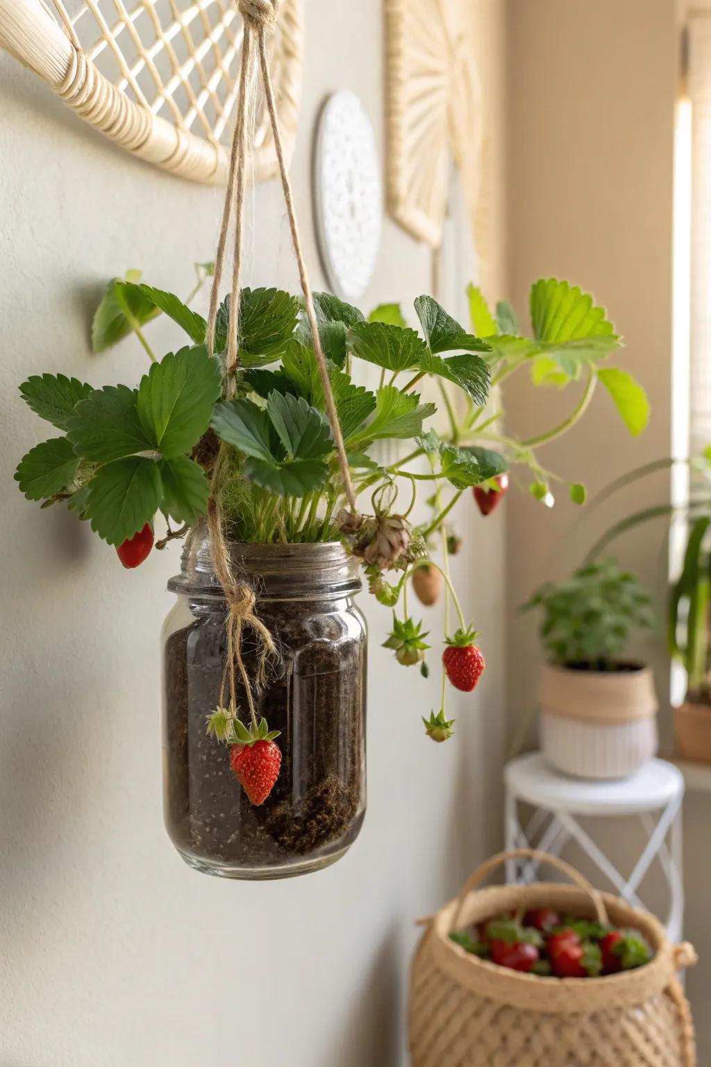 Refine your setting with endearing suspended mason jar planters, ideal for a hint of vintage sophistication and readily available fresh strawberries.