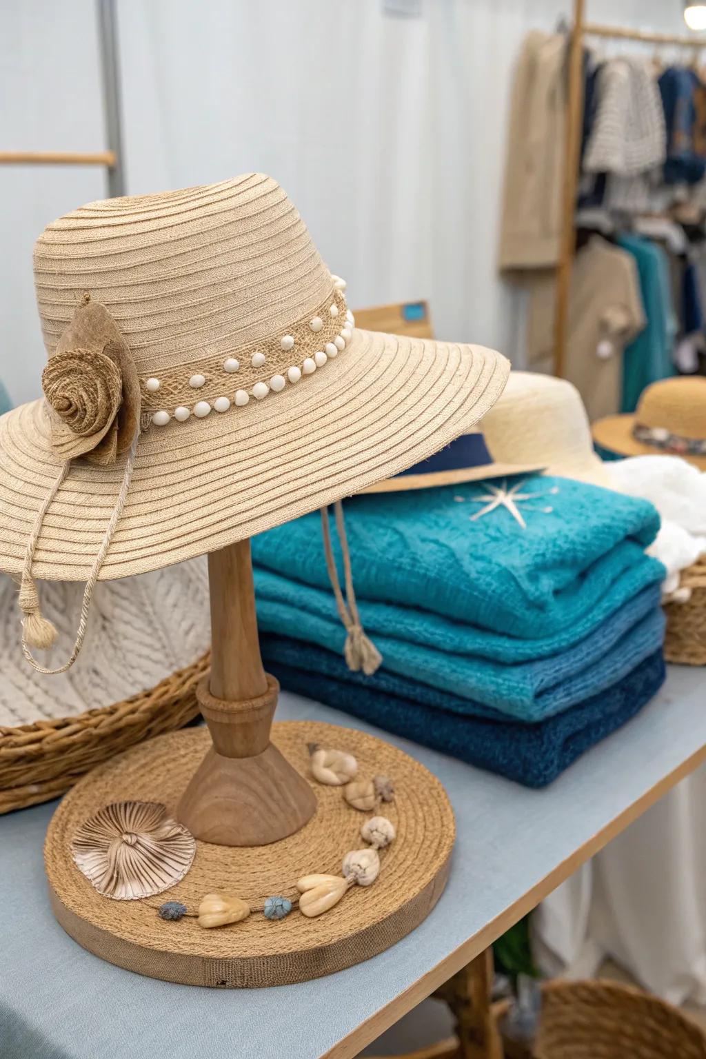 Navigate into style using this nautical-themed hat display, where minimalism converges with bohemian refinement.