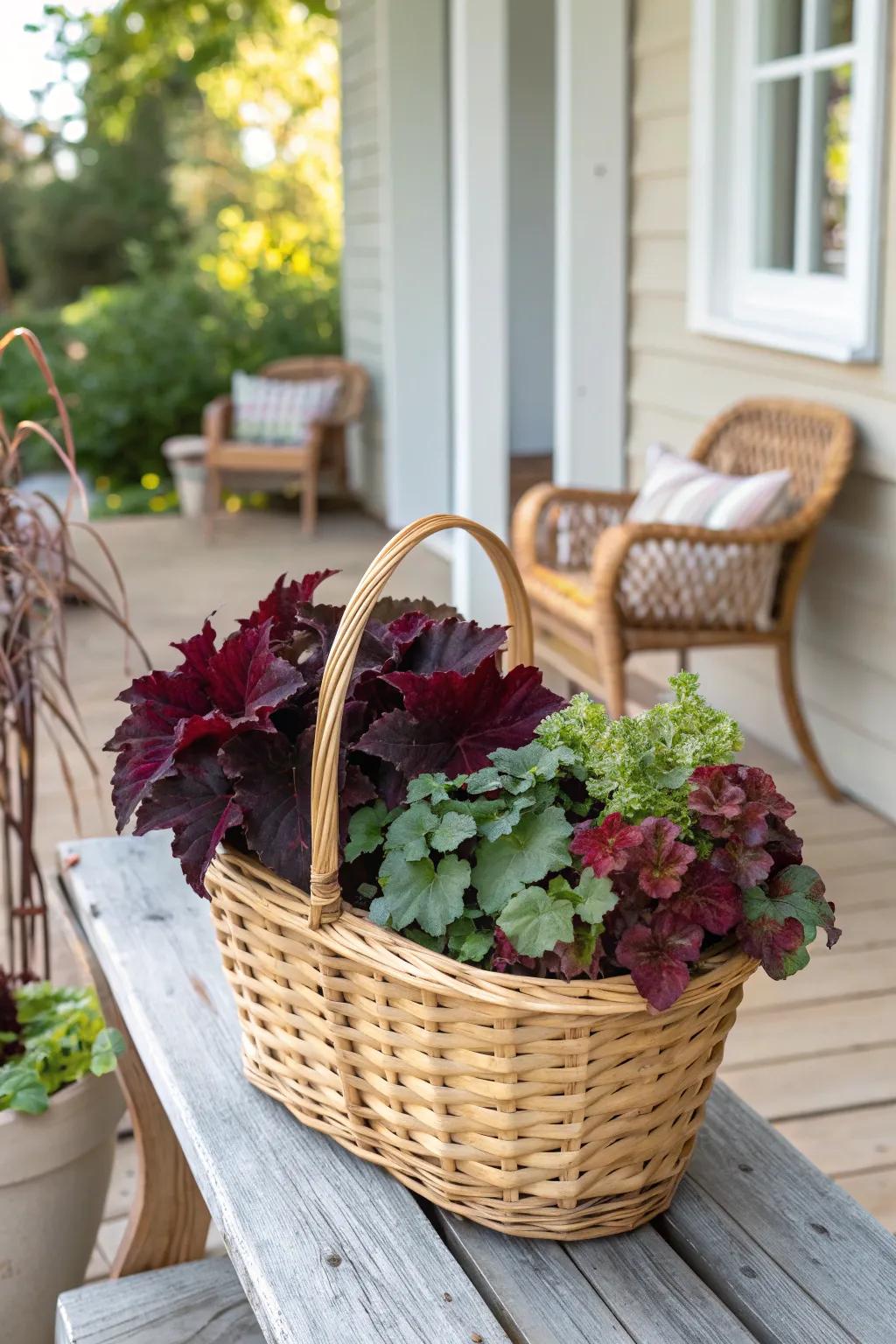 Elevate your porch's charm with the rustic allure of Heuchera set within a wicker vessel.