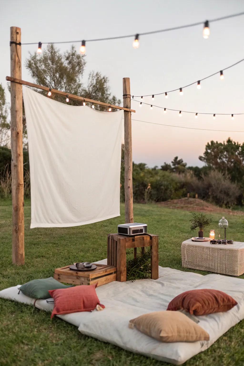 Cozy up under the stars with a chic outdoor movie night setup that blends minimalism with a touch of boho elegance.