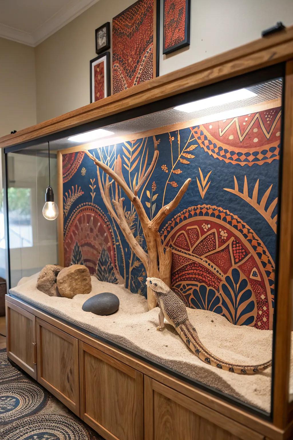 Transform your pet’s habitat into a masterpiece of functional artistry via a custom mural that blends with boho charm.