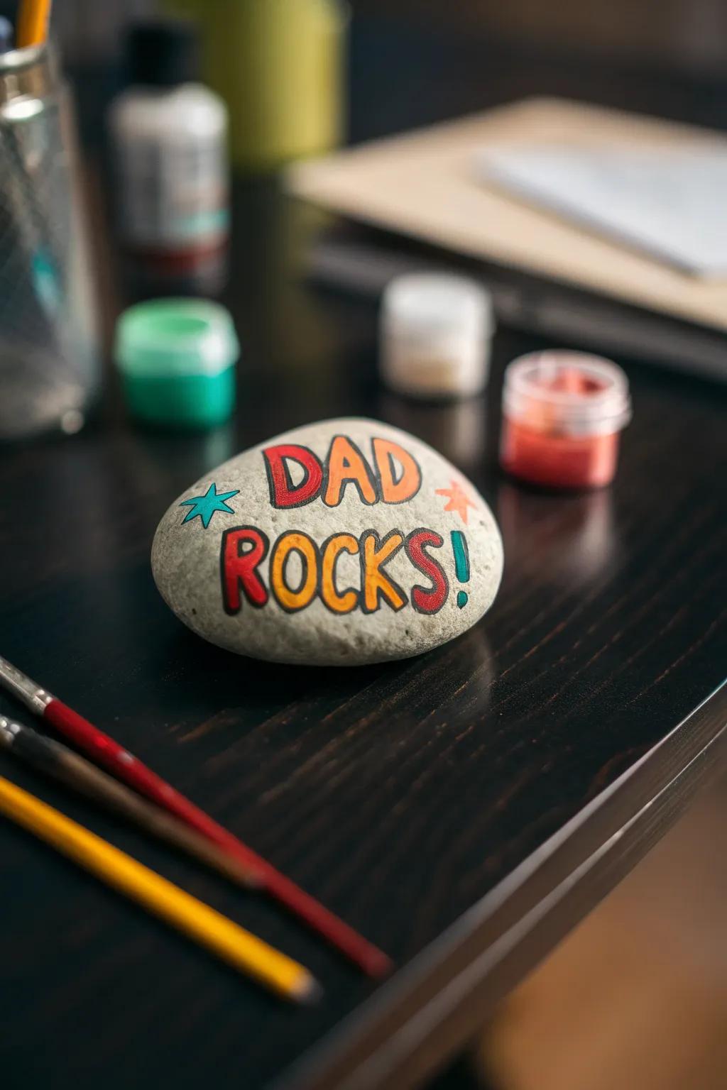A handcrafted accent to brighten Dad's workspace – 'Dad Rocks!' paperweight.