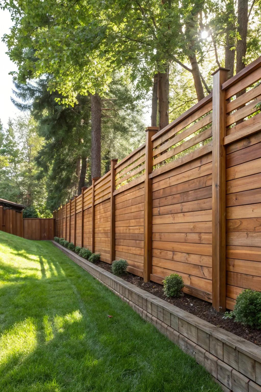 Enhance your sloped garden with the enduring sophistication of a coated horizontal cedar fence.