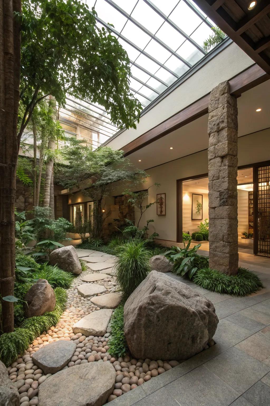 Stone and pebble elements impart an established feel to this natural atrium.