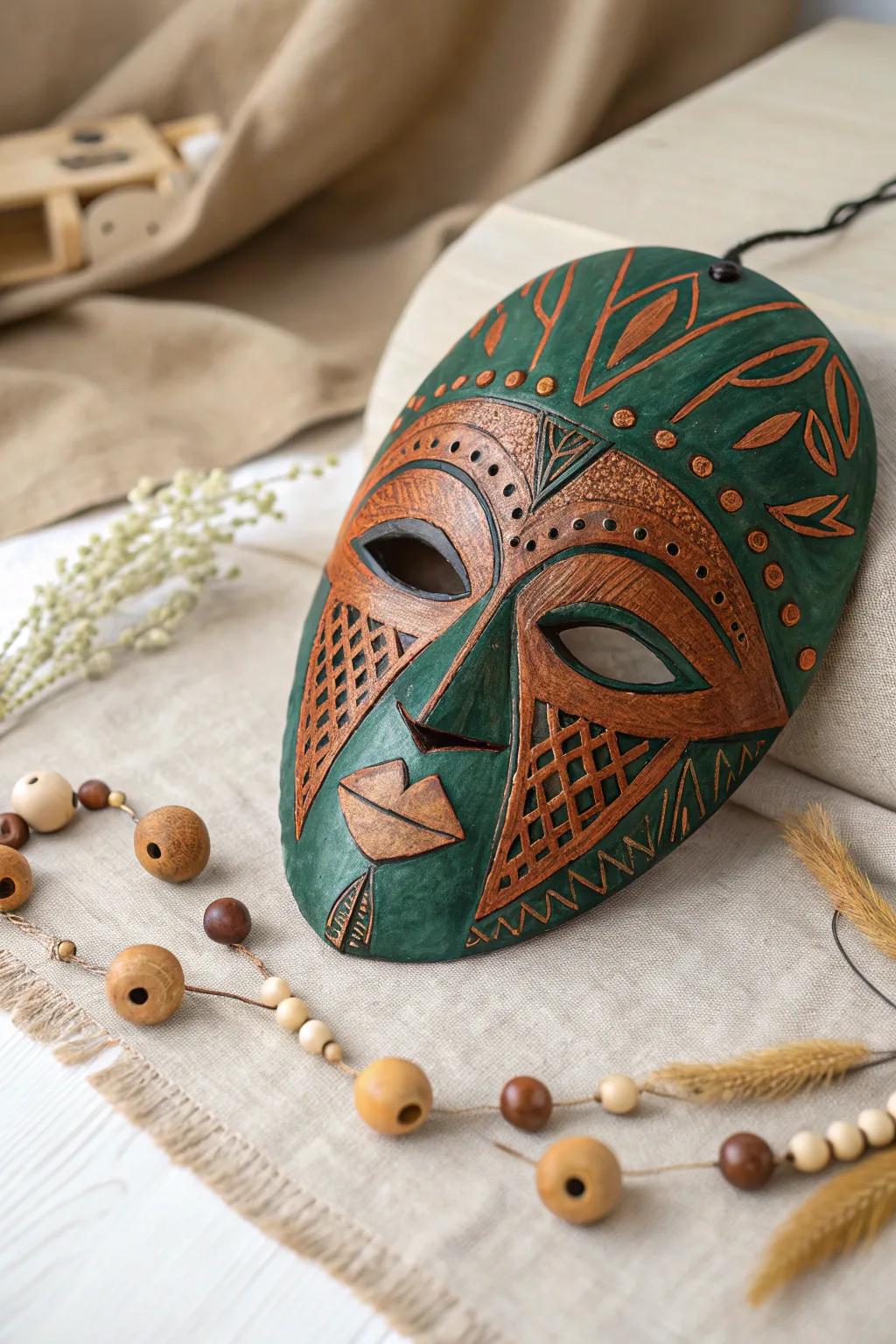 Converting layered board into artistry: A remarkable mask combining minimalist layout with striking bohemian style.