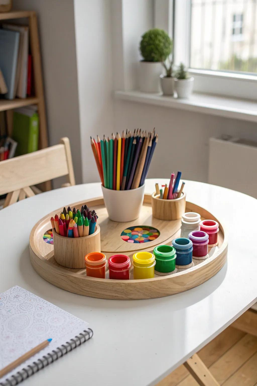 Whirl into inventiveness with this fashionable revolving organizer for your child's art materials!